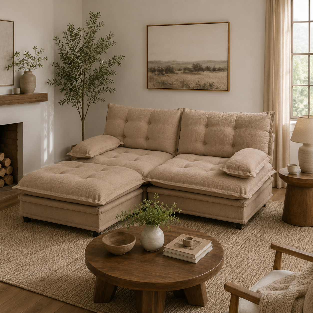 Chelsea 77" Tufted Chenille Modular L-Shaped Sofa with Ottoman