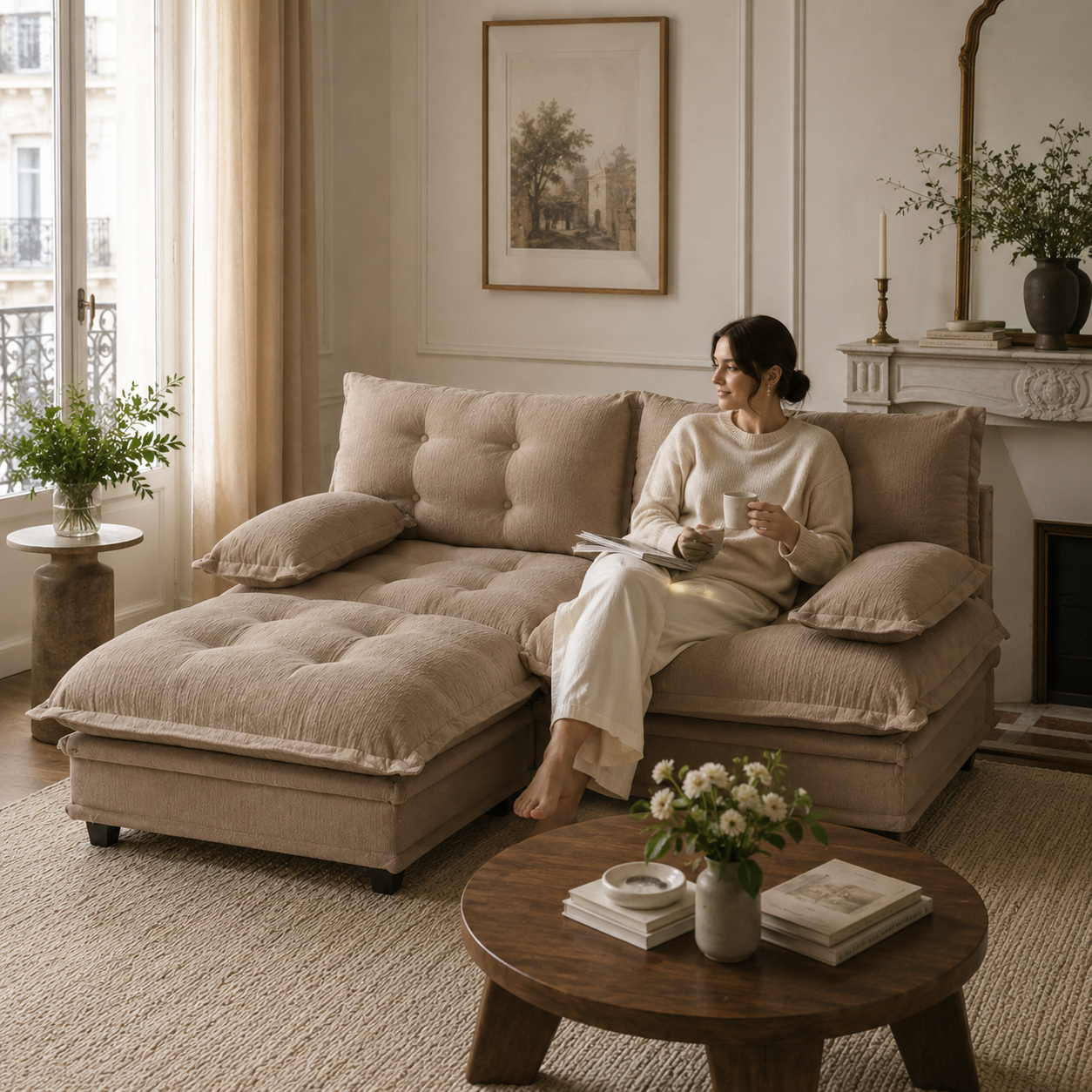 Chelsea 77" Tufted Chenille Modular L-Shaped Sofa with Ottoman