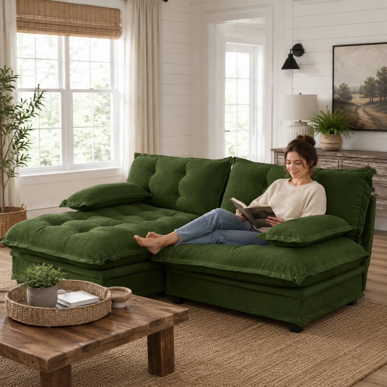 Chelsea 77" Tufted Chenille Modular L-Shaped Sofa with Ottoman