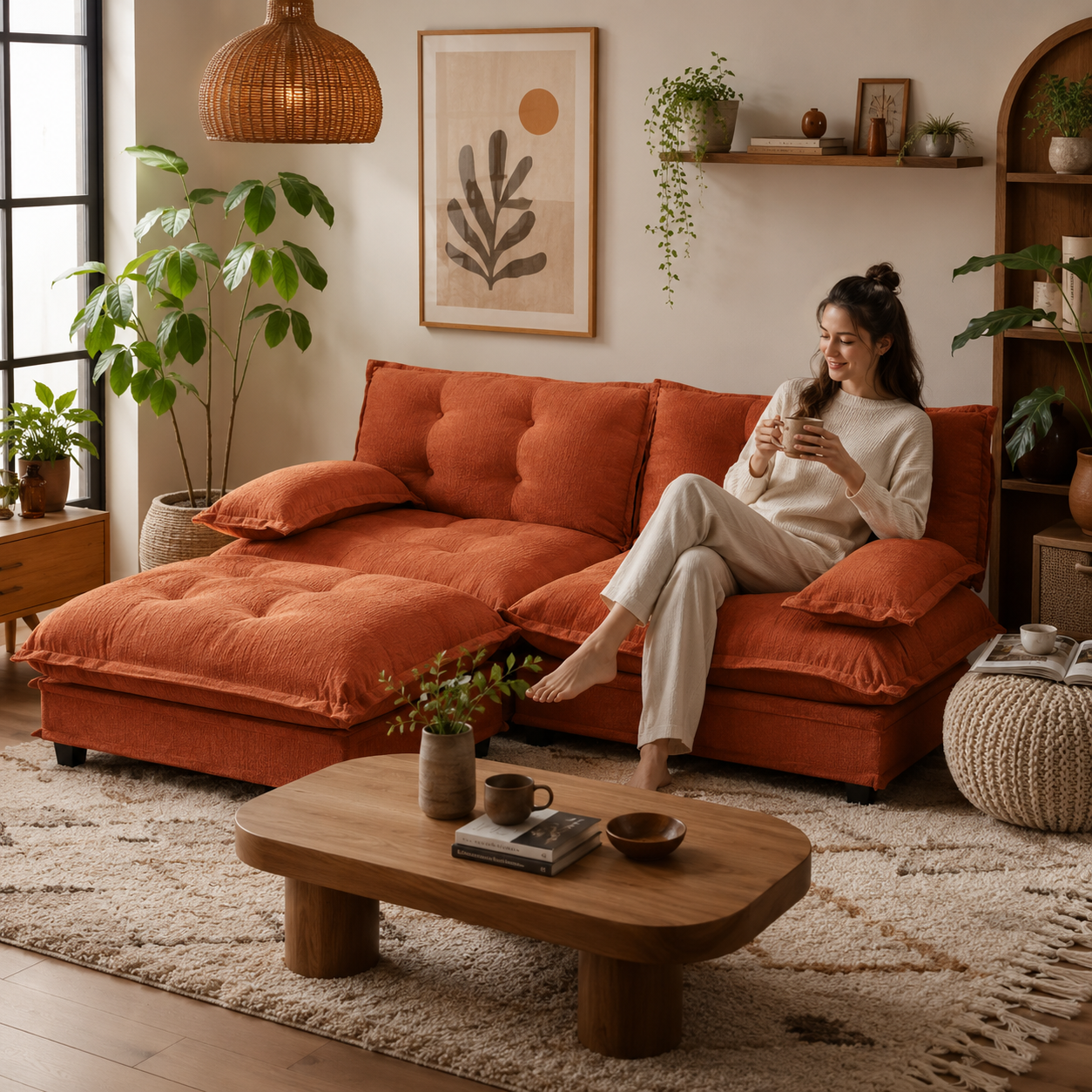 Chelsea 77" Tufted Chenille Modular L-Shaped Sofa with Ottoman