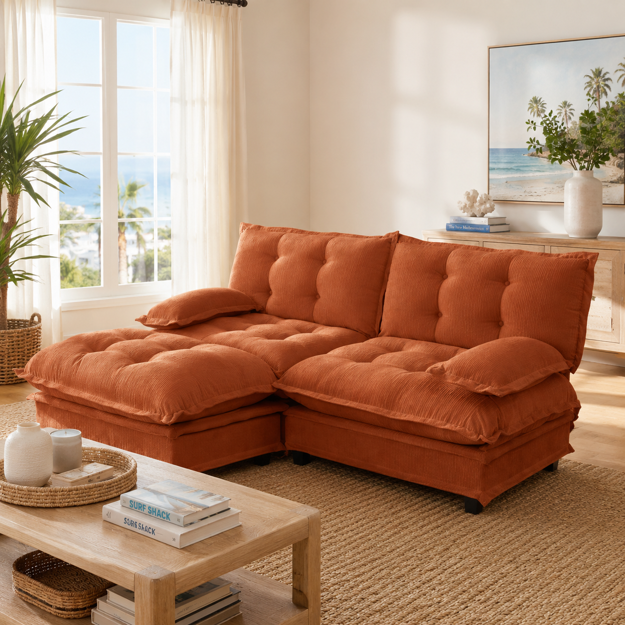 Chelsea 77" Tufted Chenille Modular L-Shaped Sofa with Ottoman