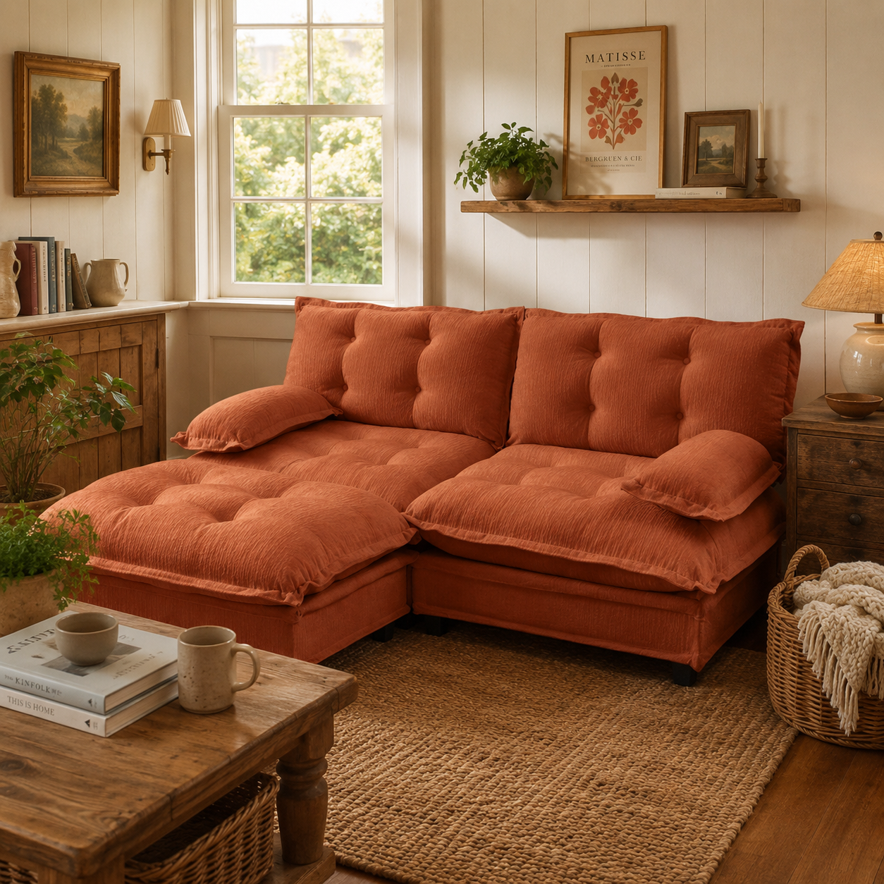 Chelsea 77" Tufted Chenille Modular L-Shaped Sofa with Ottoman