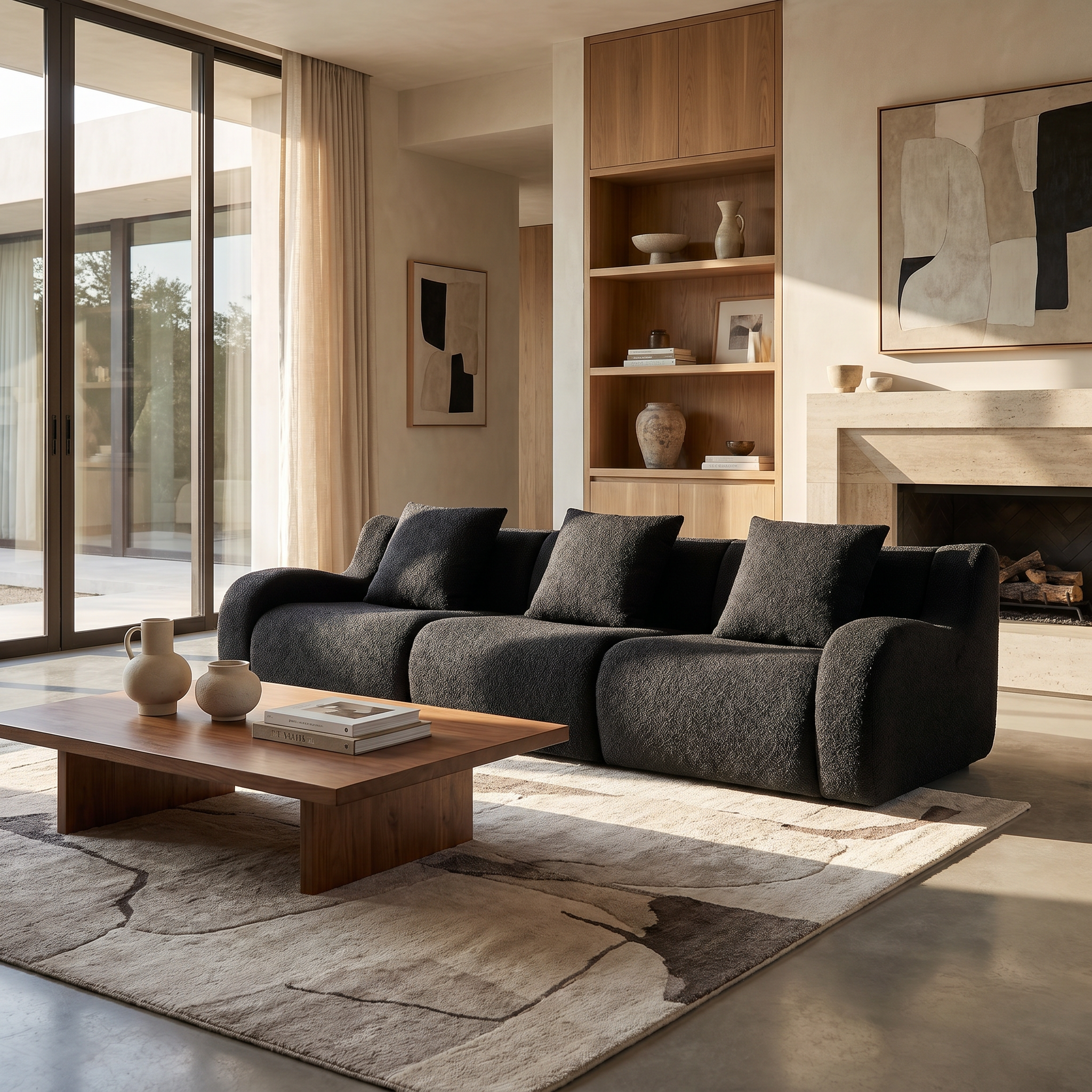 Chico black 3-seater sofa in modern living room with wood shelves and fireplace