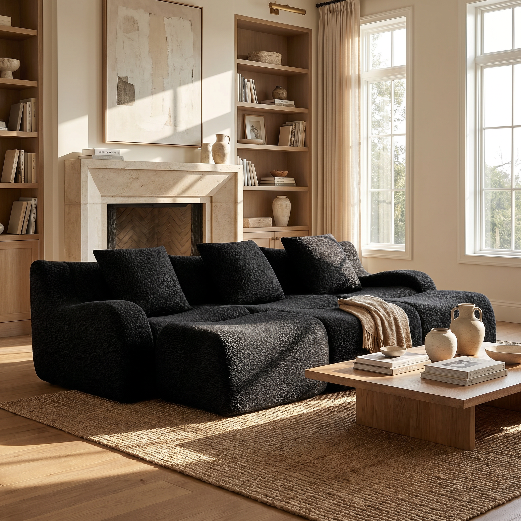 Chico black modular 3-seater sofa with ottomans in cozy living room with fireplace
