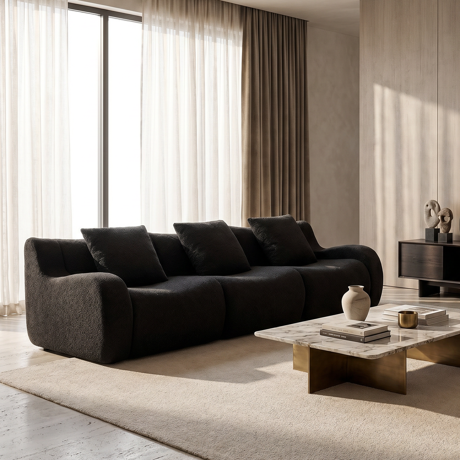 Chico black 3-seater sofa in contemporary living room with large windows and neutral decor