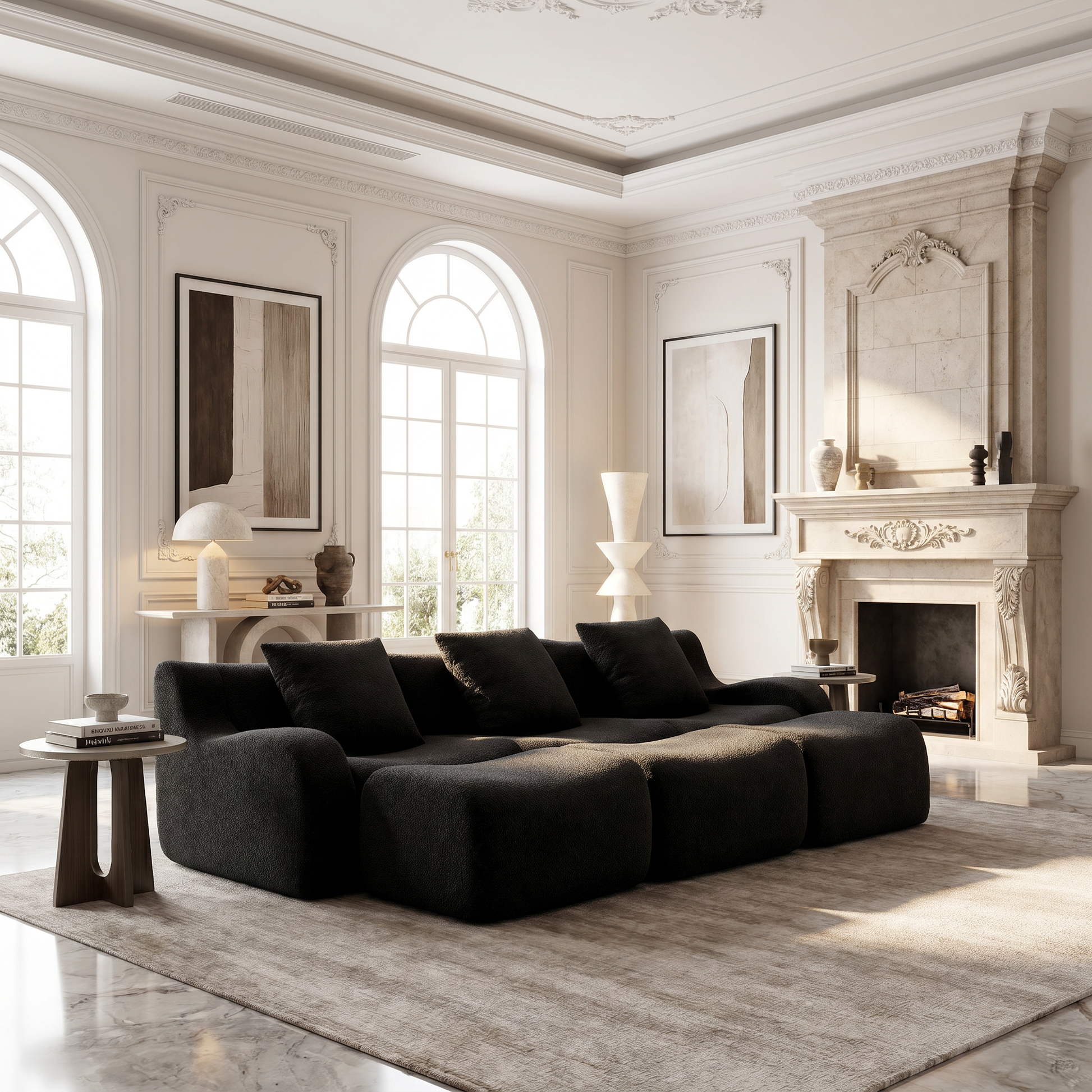Chico black modular 3-seater sofa with ottomans in elegant modern living room with fireplace