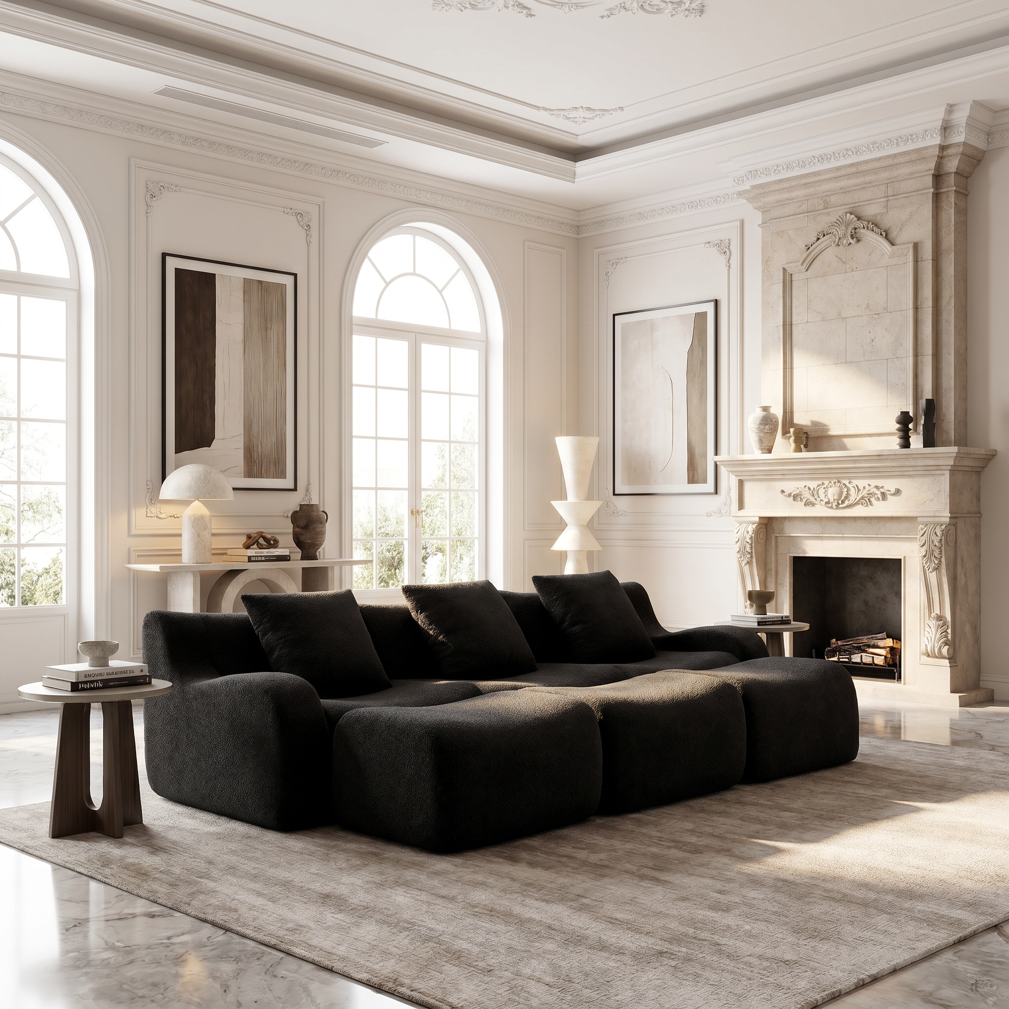 Chico black modular 3-seater sofa with ottomans in elegant modern living room with fireplace