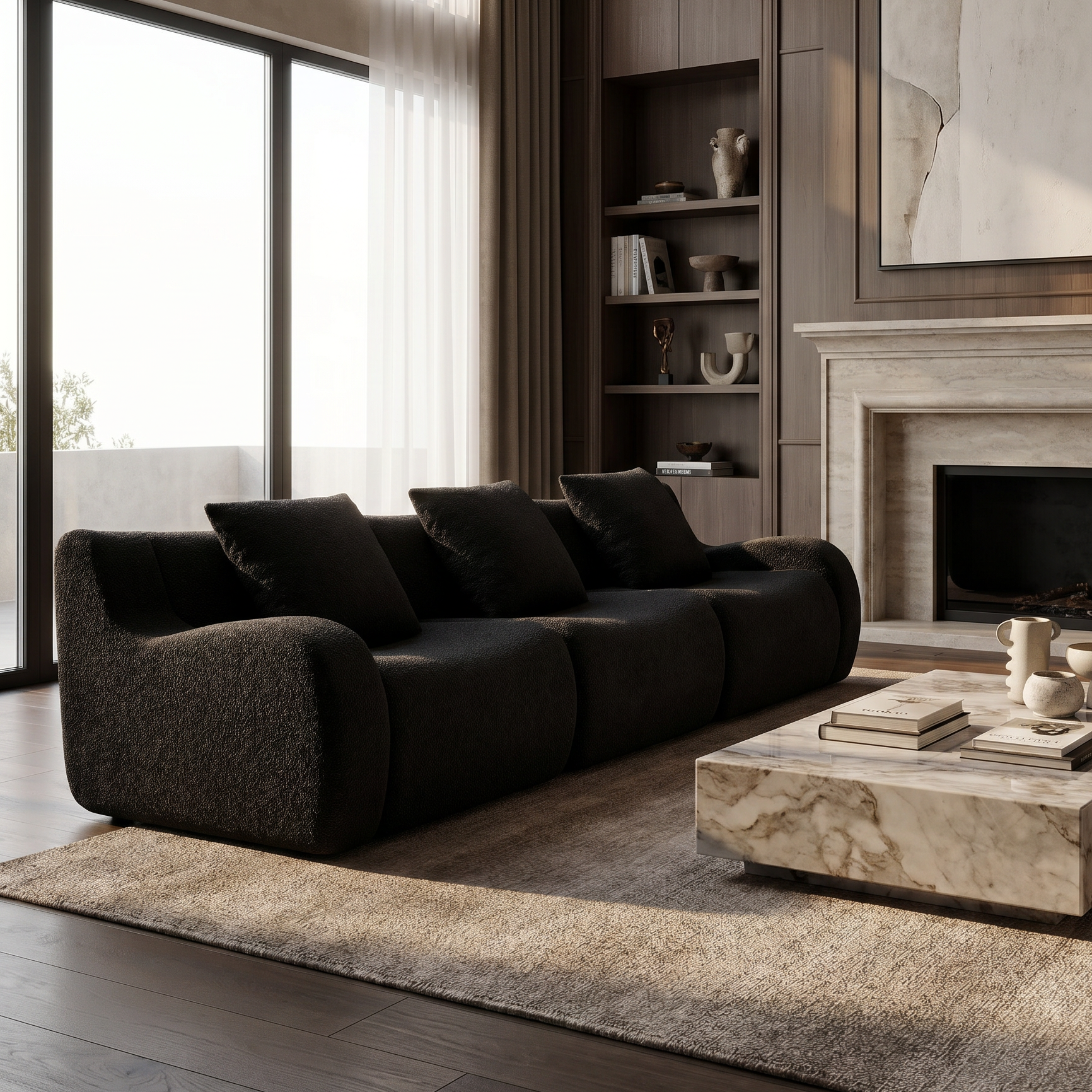 Chico black 3-seater sofa in elegant living room with marble coffee table and dark wood accents