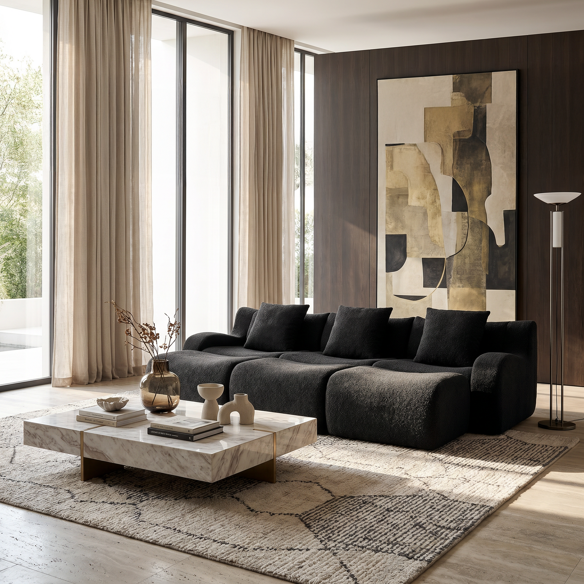 Chico black modular 3-seater sofa with ottomans in contemporary living room with marble coffee table