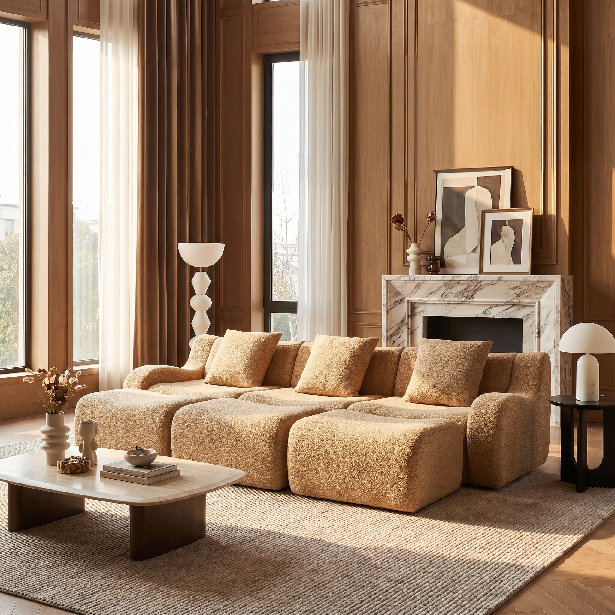Chico camel modular 3-seater sofa with ottomans in modern living room with fireplace and wood accents