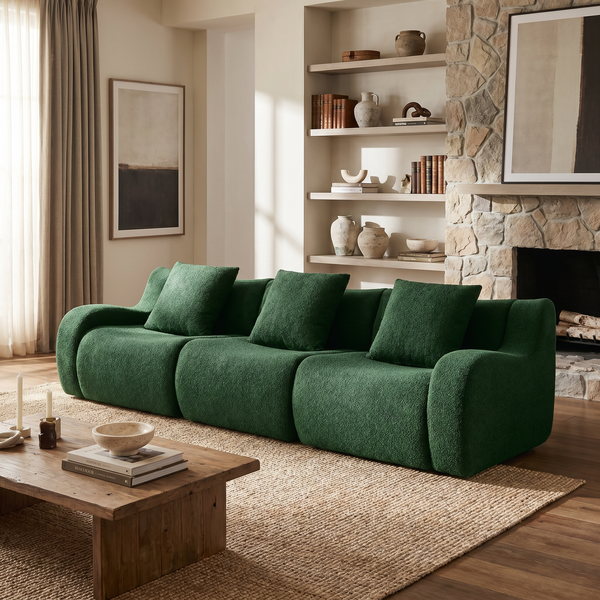 Chico green 3-seater sofa in cozy living room with stone fireplace and wood shelves