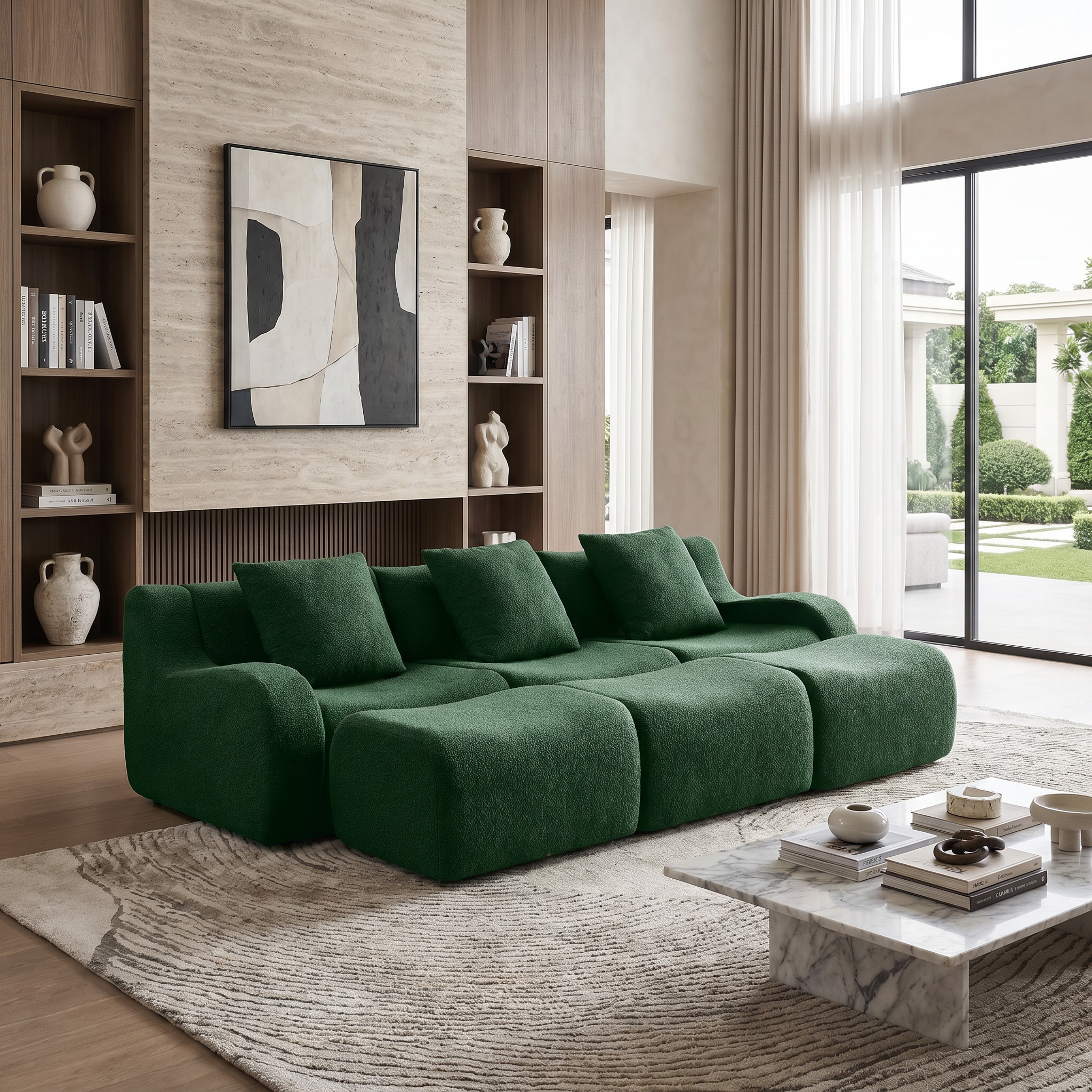 Chico green modular 3-seater sofa with ottomans in modern living room with marble coffee table