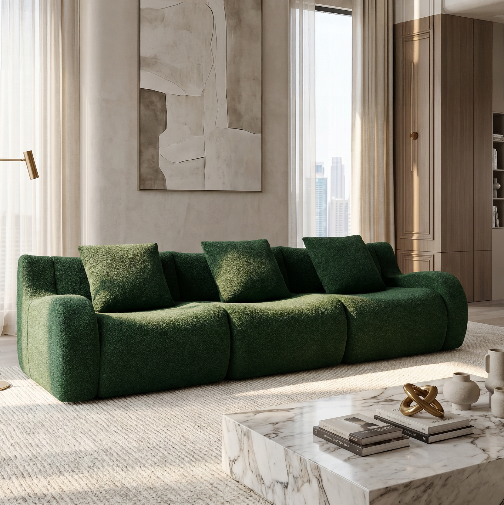 Chico green 3-seater sofa in modern living room with large windows and neutral decor
