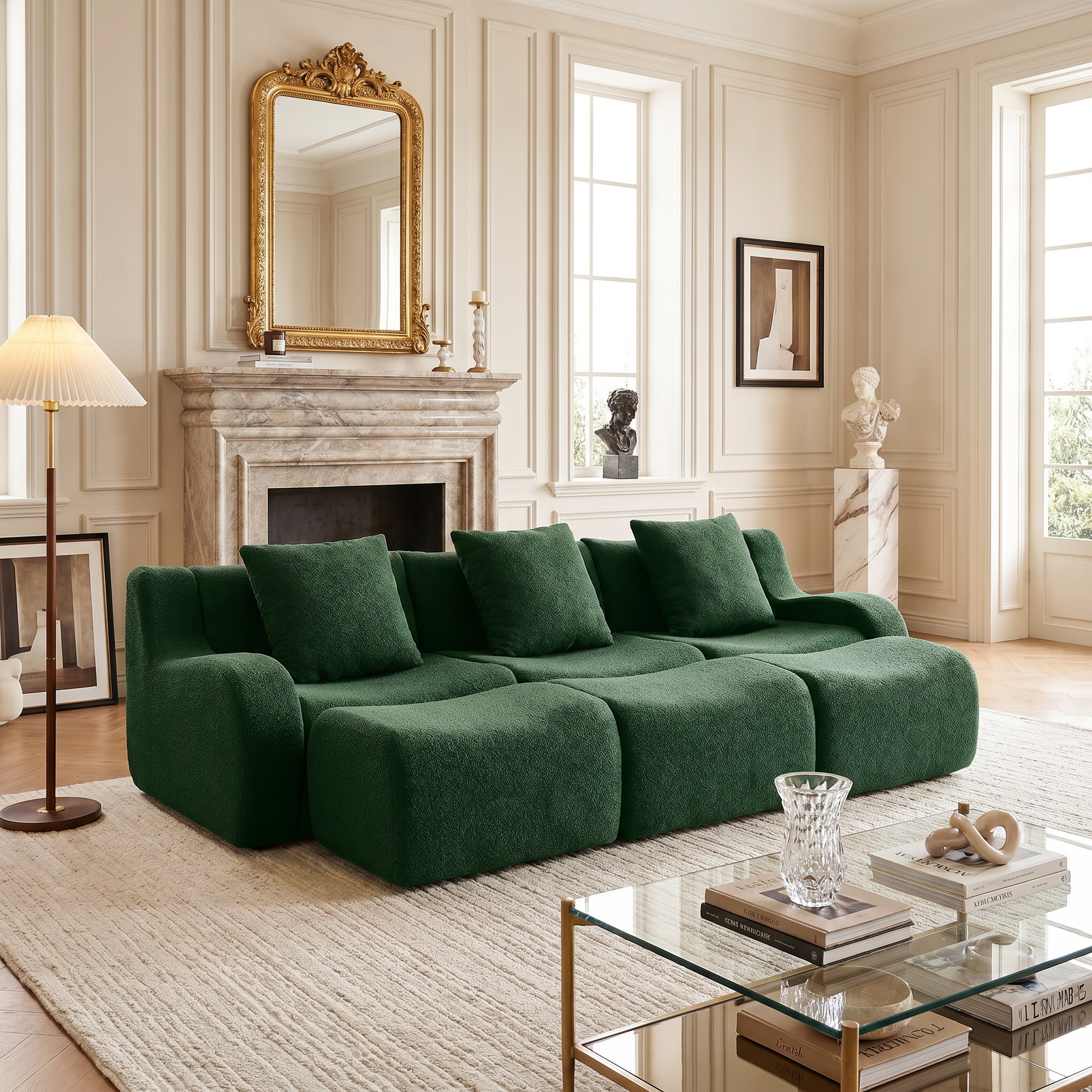 Chico green modular 3-seater sofa with ottomans in elegant living room with fireplace