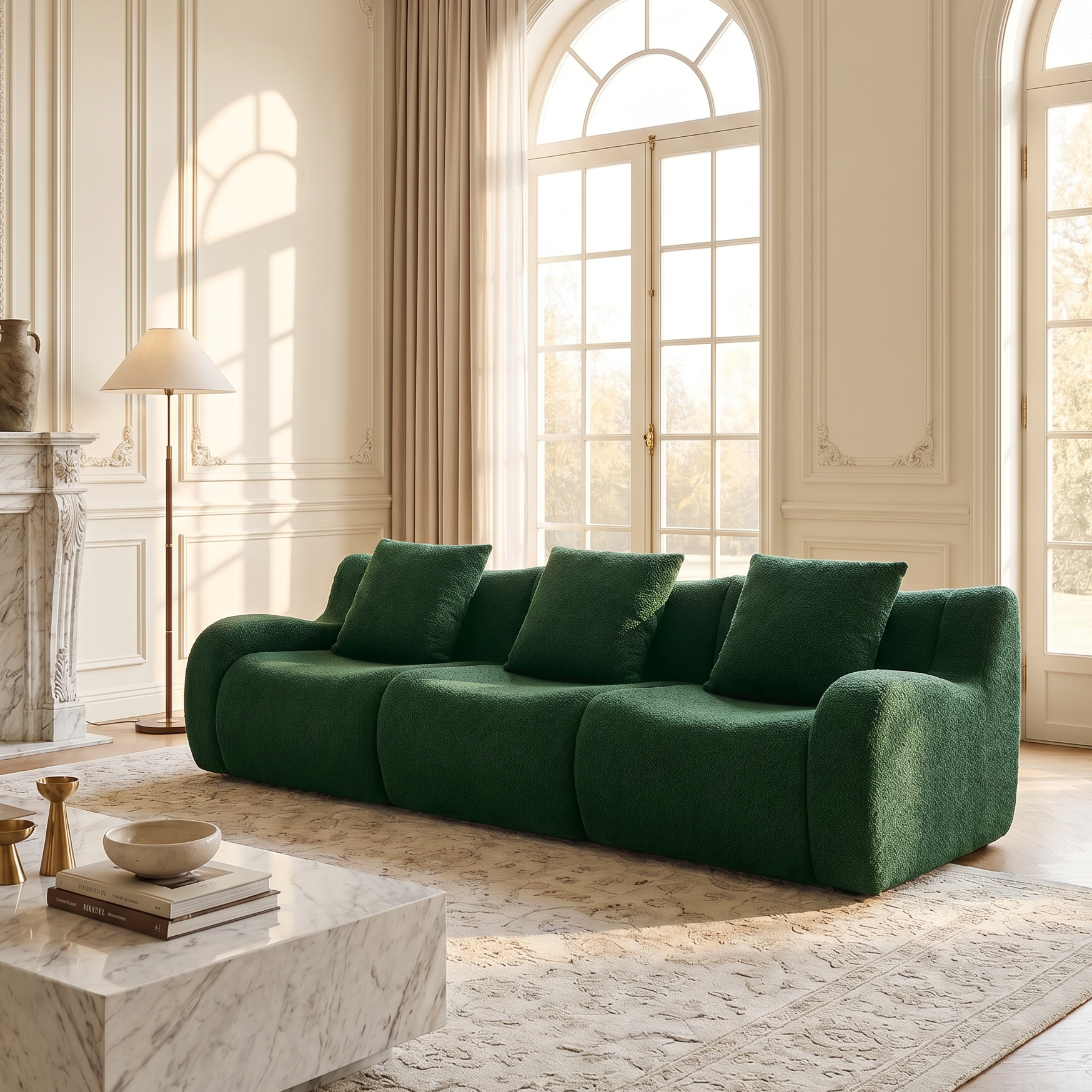 Chico green 3-seater sofa in elegant living room with marble coffee table and arched windows