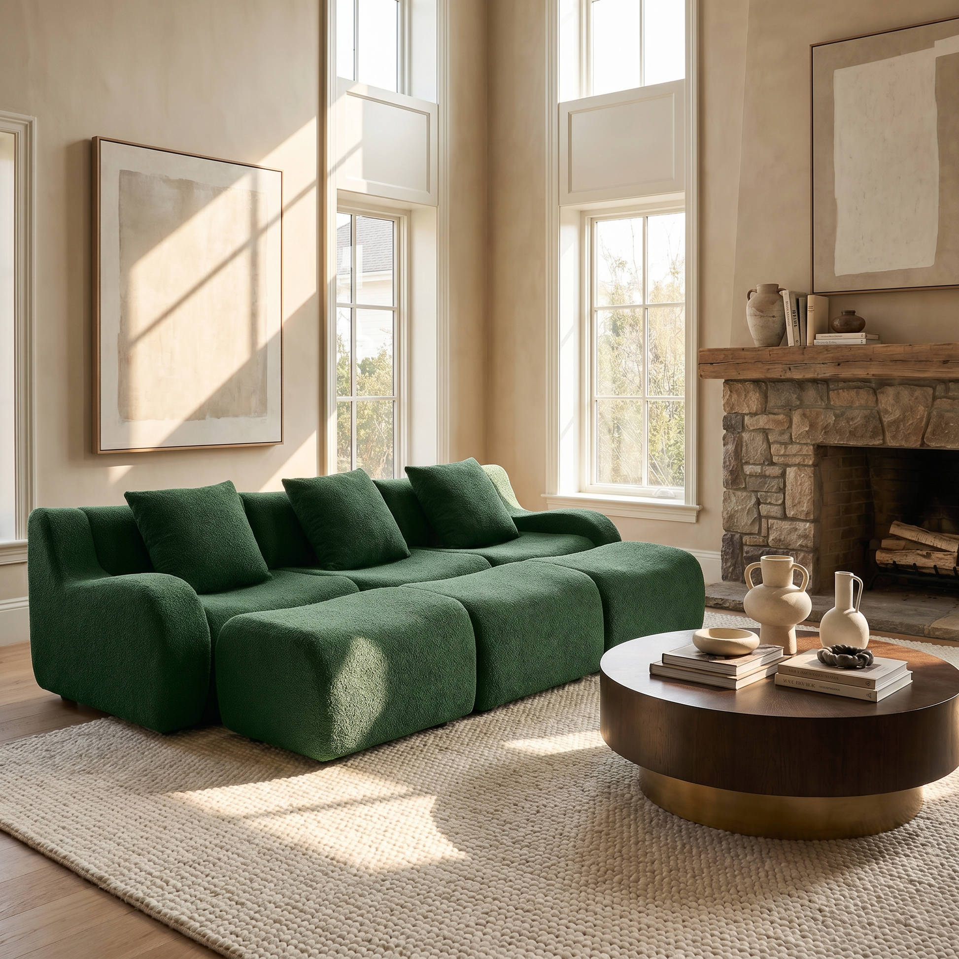 Chico green modular 3-seater sofa with ottomans in bright contemporary living room