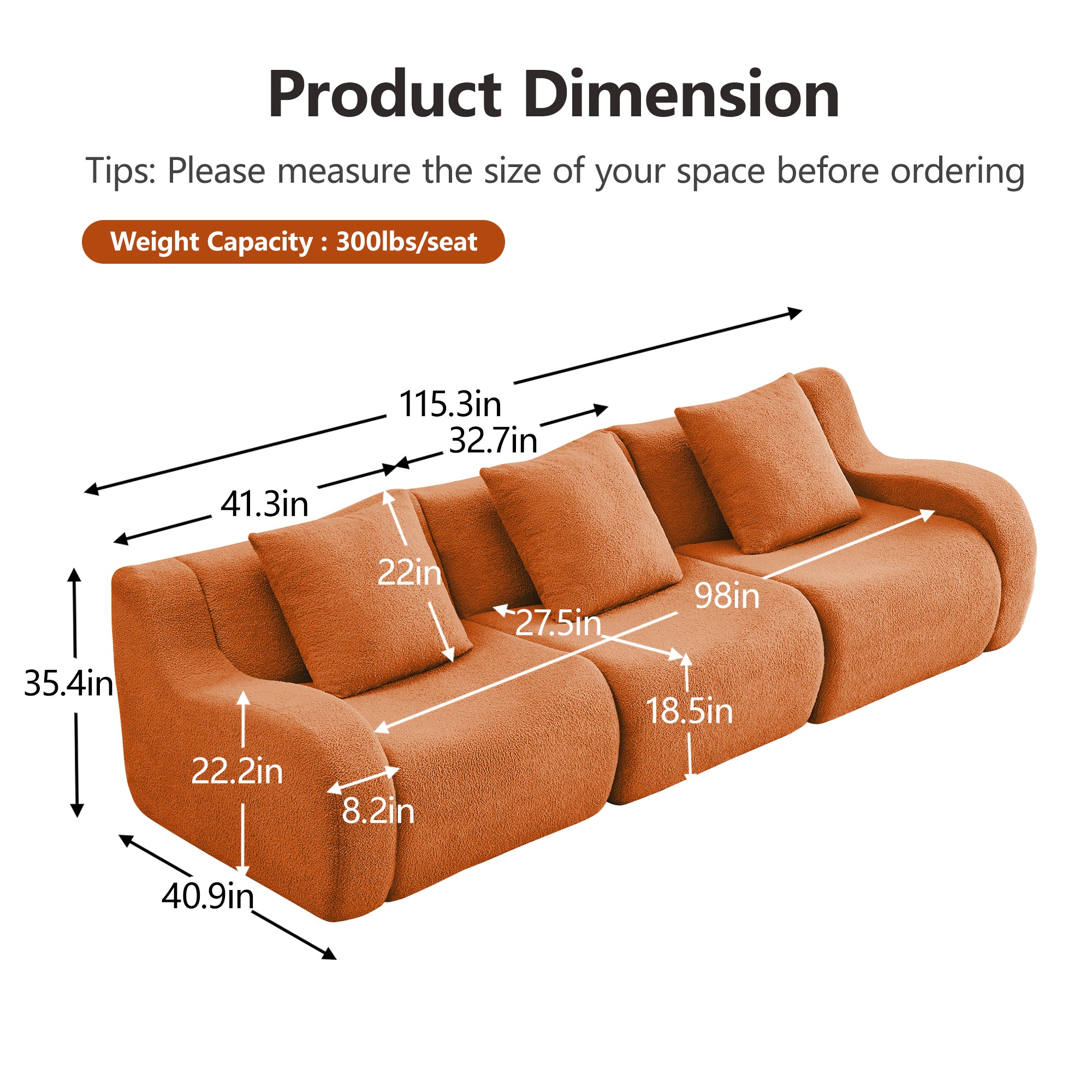 Chico orange 3-seater sofa product dimensions and size information