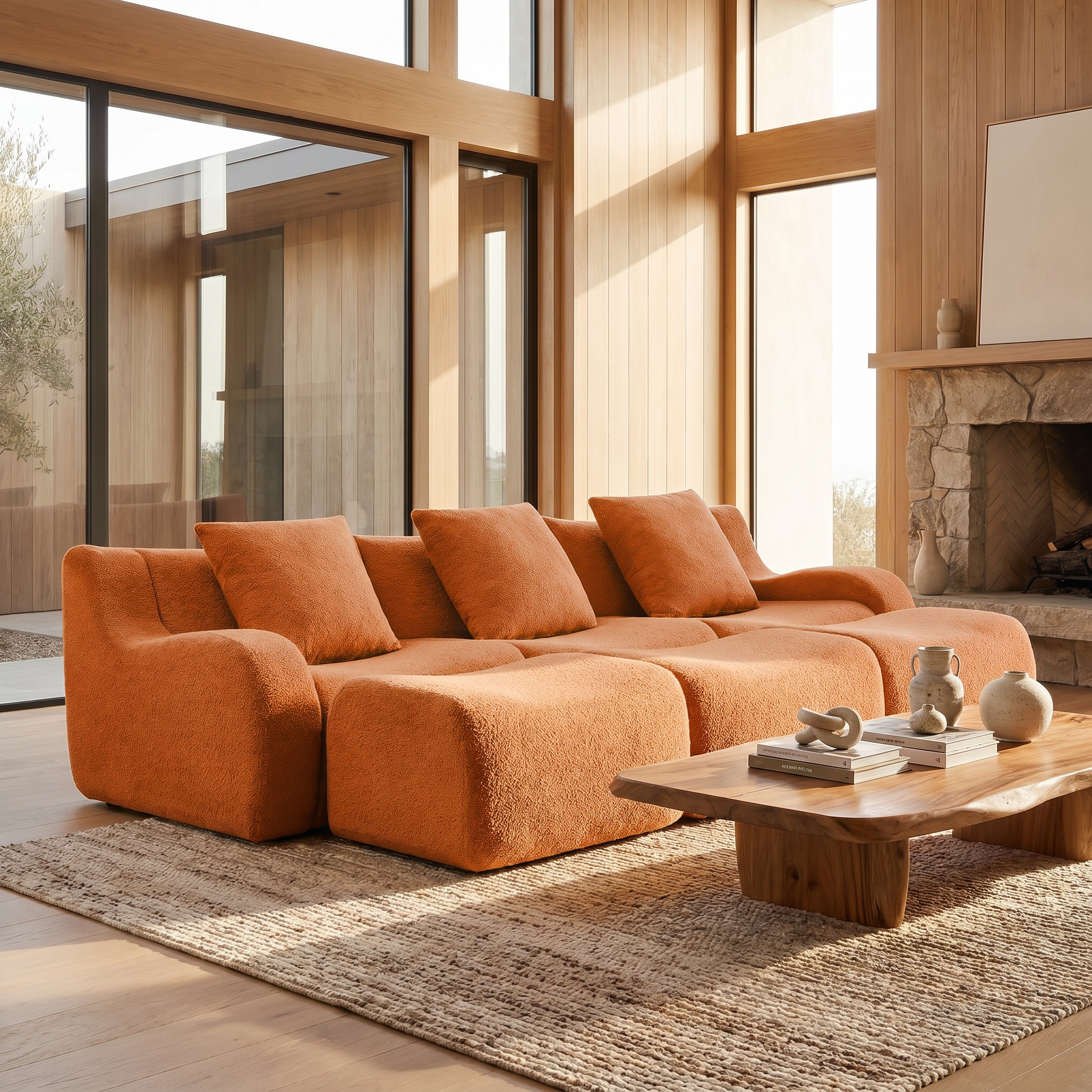 Chico orange modular 3-seater sofa with ottomans in warm modern living room with fireplace