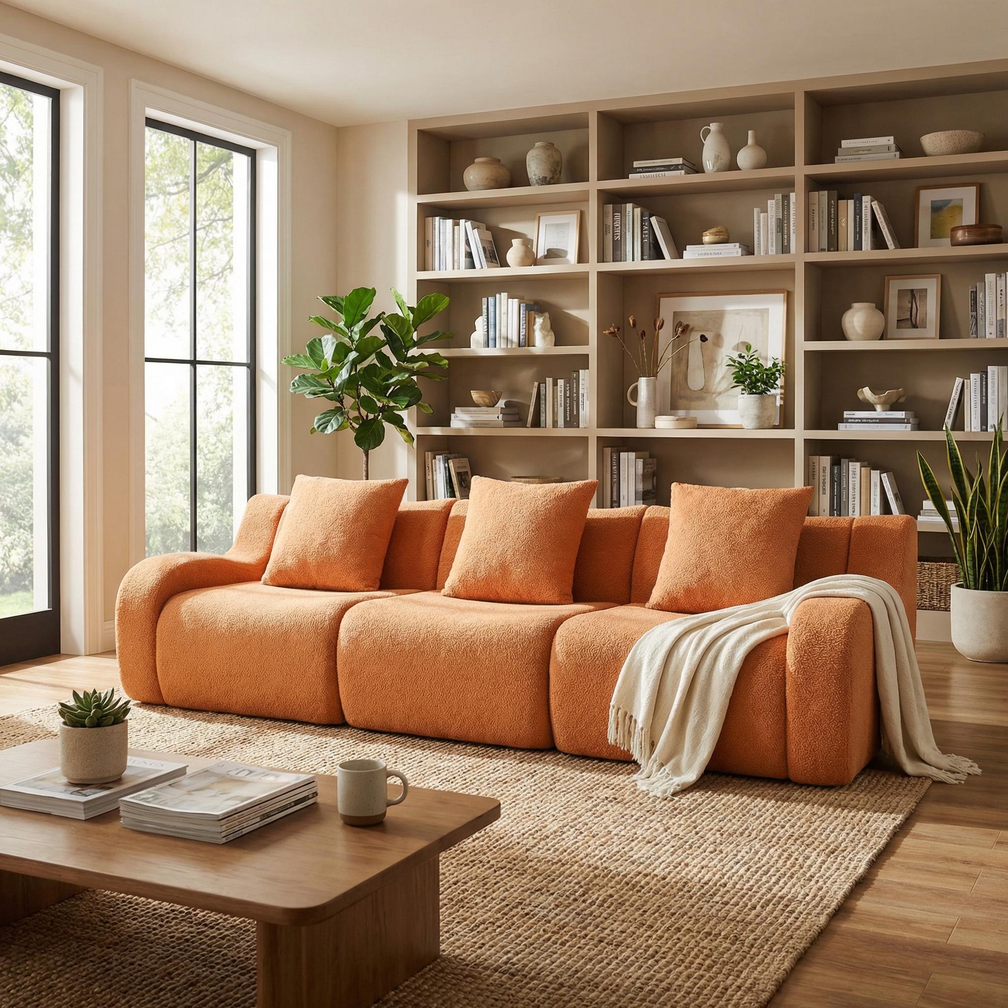 Chico orange 3-seater sofa in cozy living room with wood shelves and neutral decor