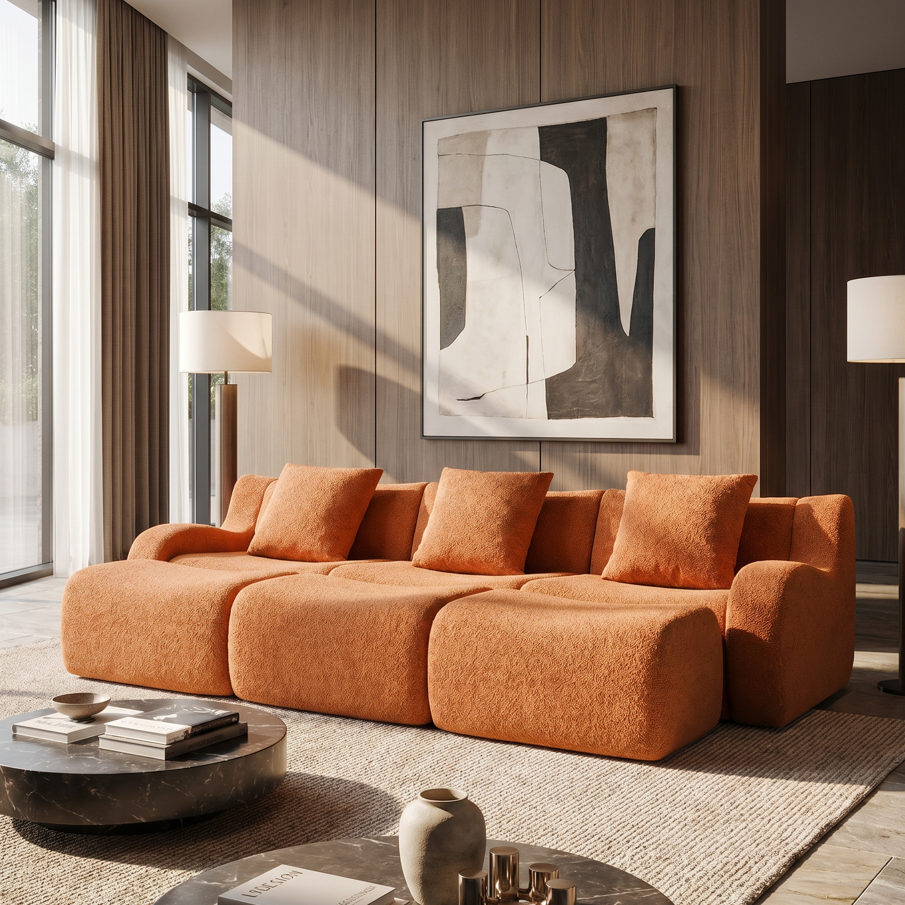 Chico orange modular 3-seater sofa with ottomans in contemporary living room with artwork