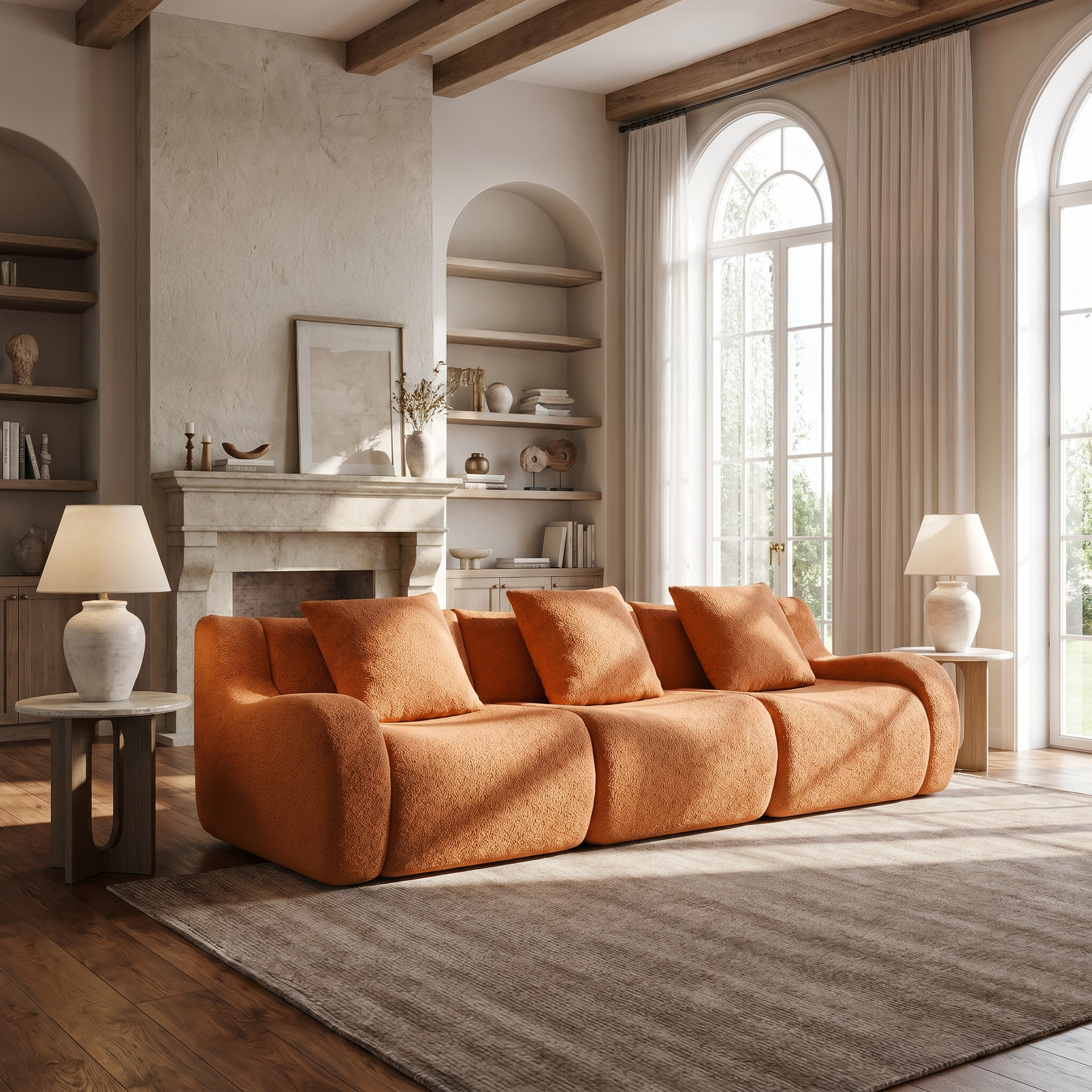 Chico orange 3-seater sofa in bright living room with fireplace and arched windows