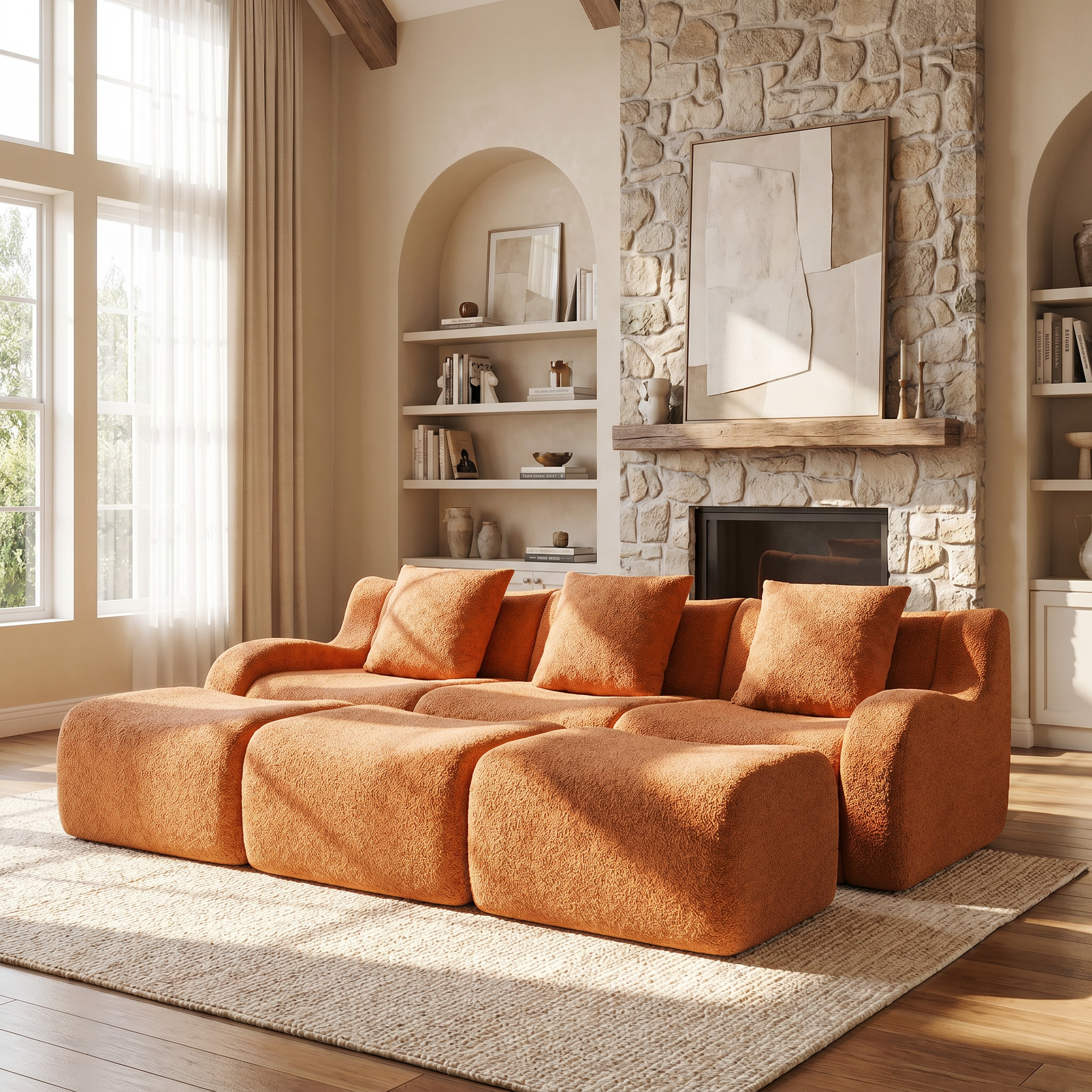 Chico orange modular 3-seater sofa with ottomans in cozy living room with stone fireplace