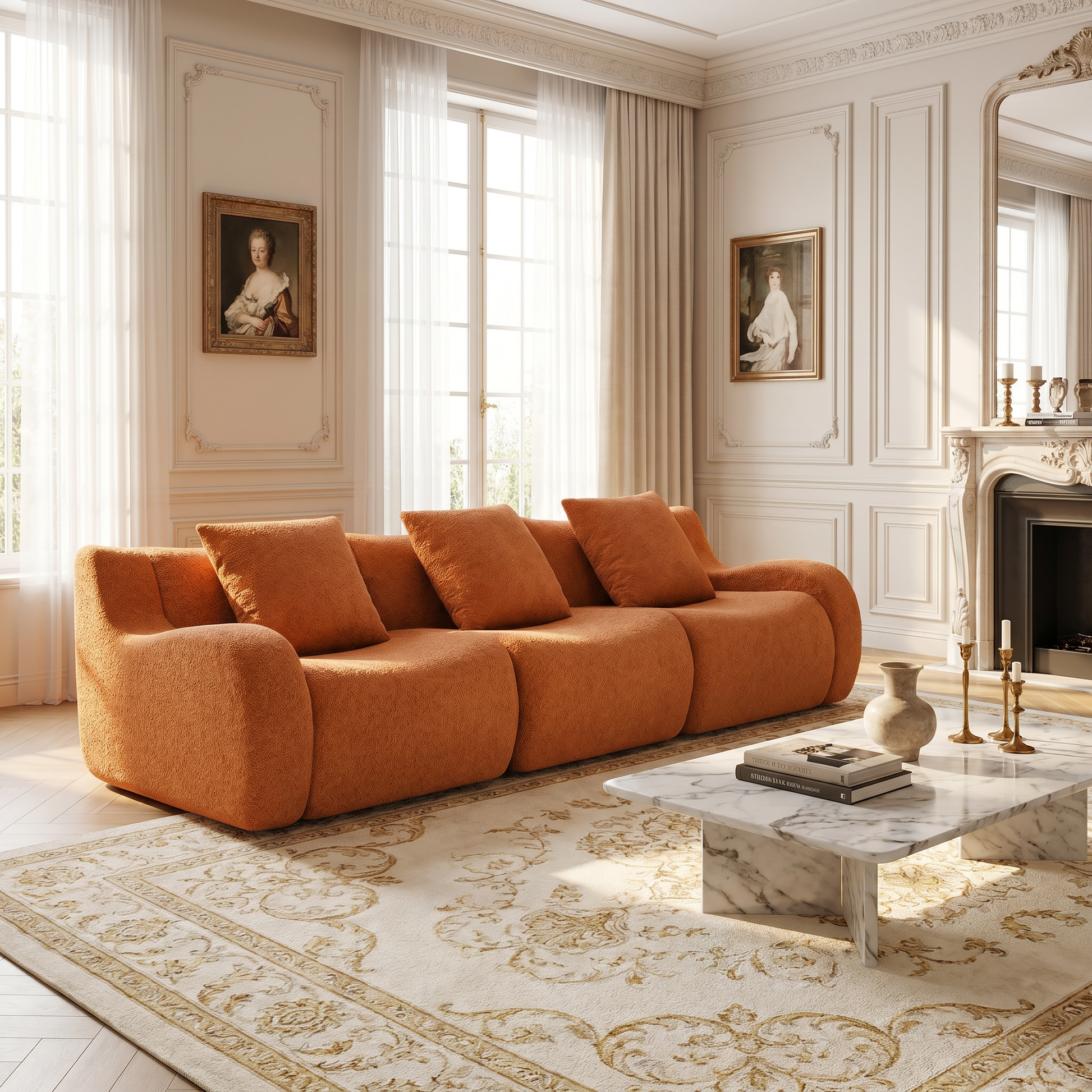 Chico orange 3-seater sofa in elegant living room with marble coffee table and classic wall panels
