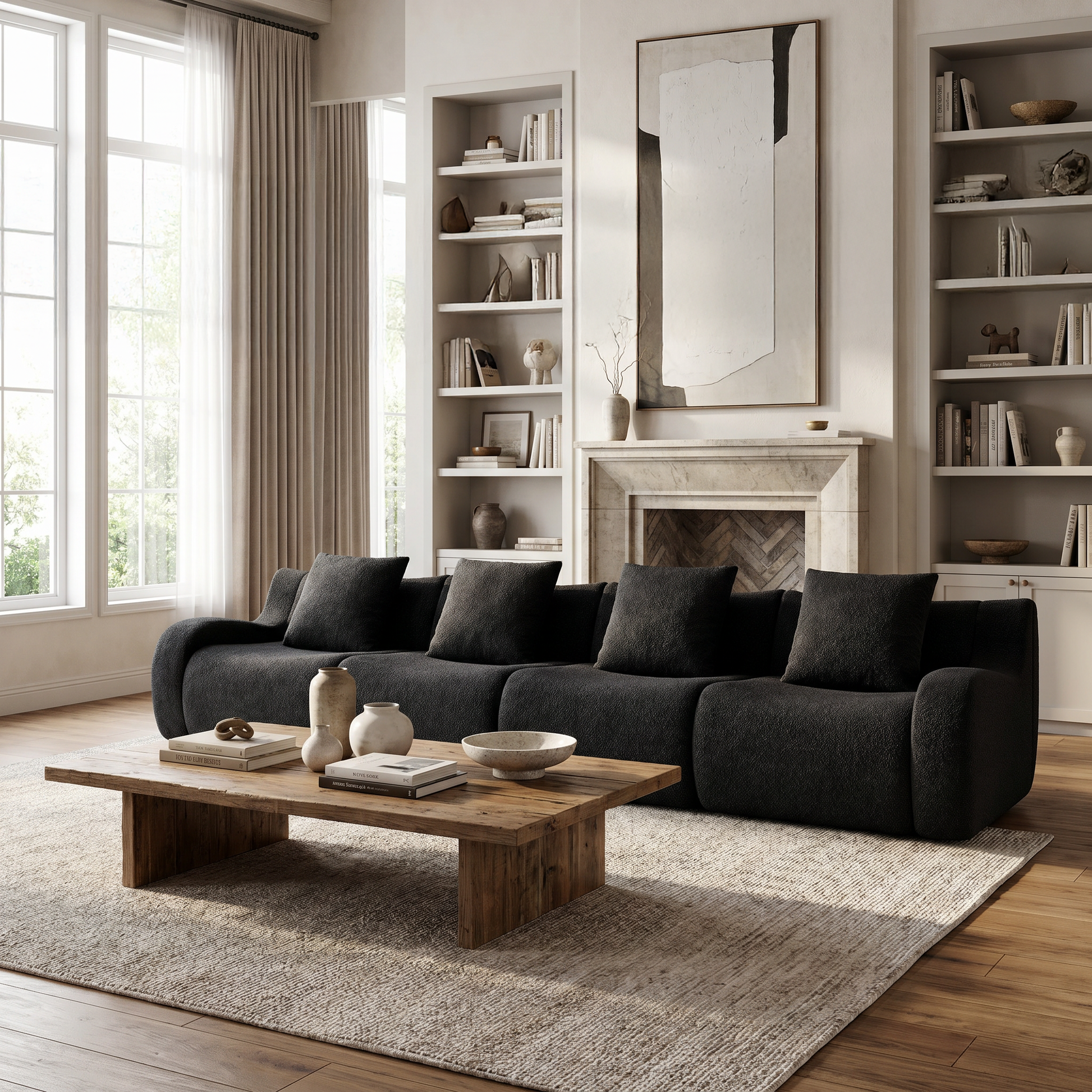 Chico black modular 4-seater sofa in modern living room with wood coffee table