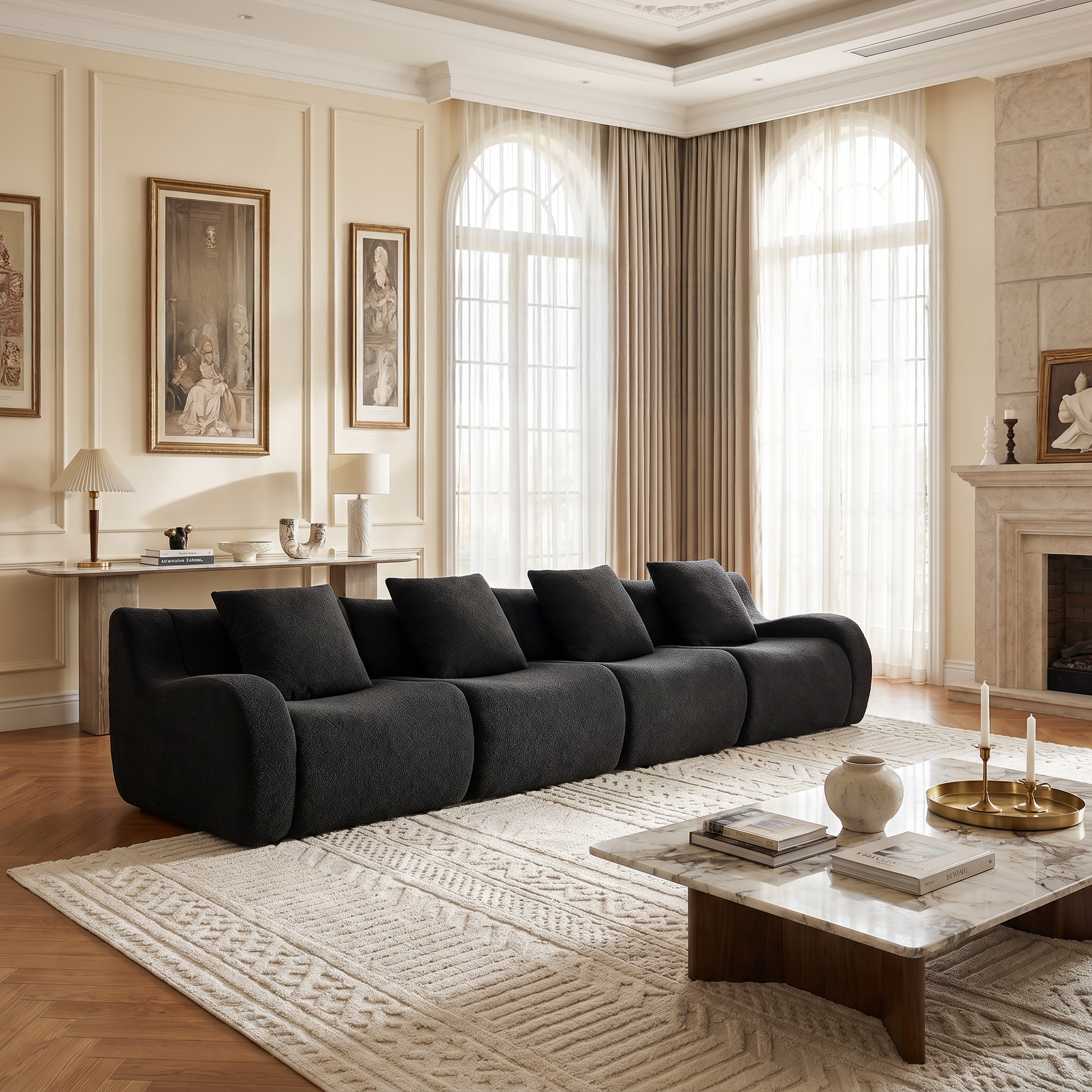Chico black modular 4-seater sofa in elegant living room with arched windows