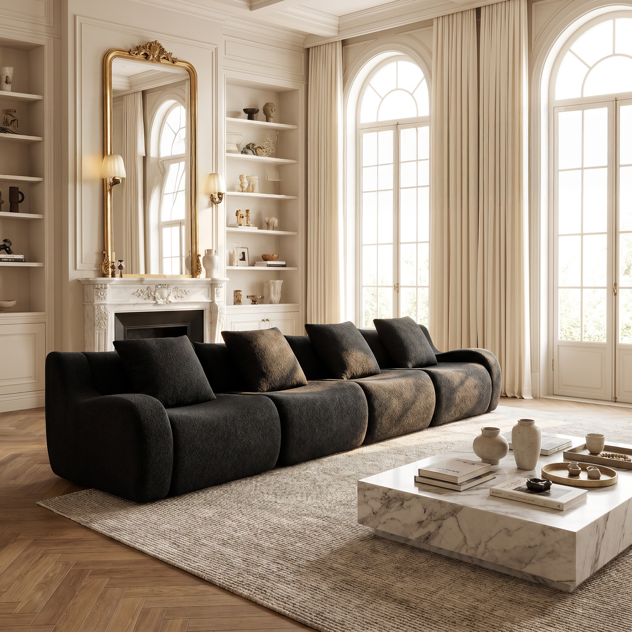 Chico black modular 4-seater sofa in bright contemporary living room with marble coffee table