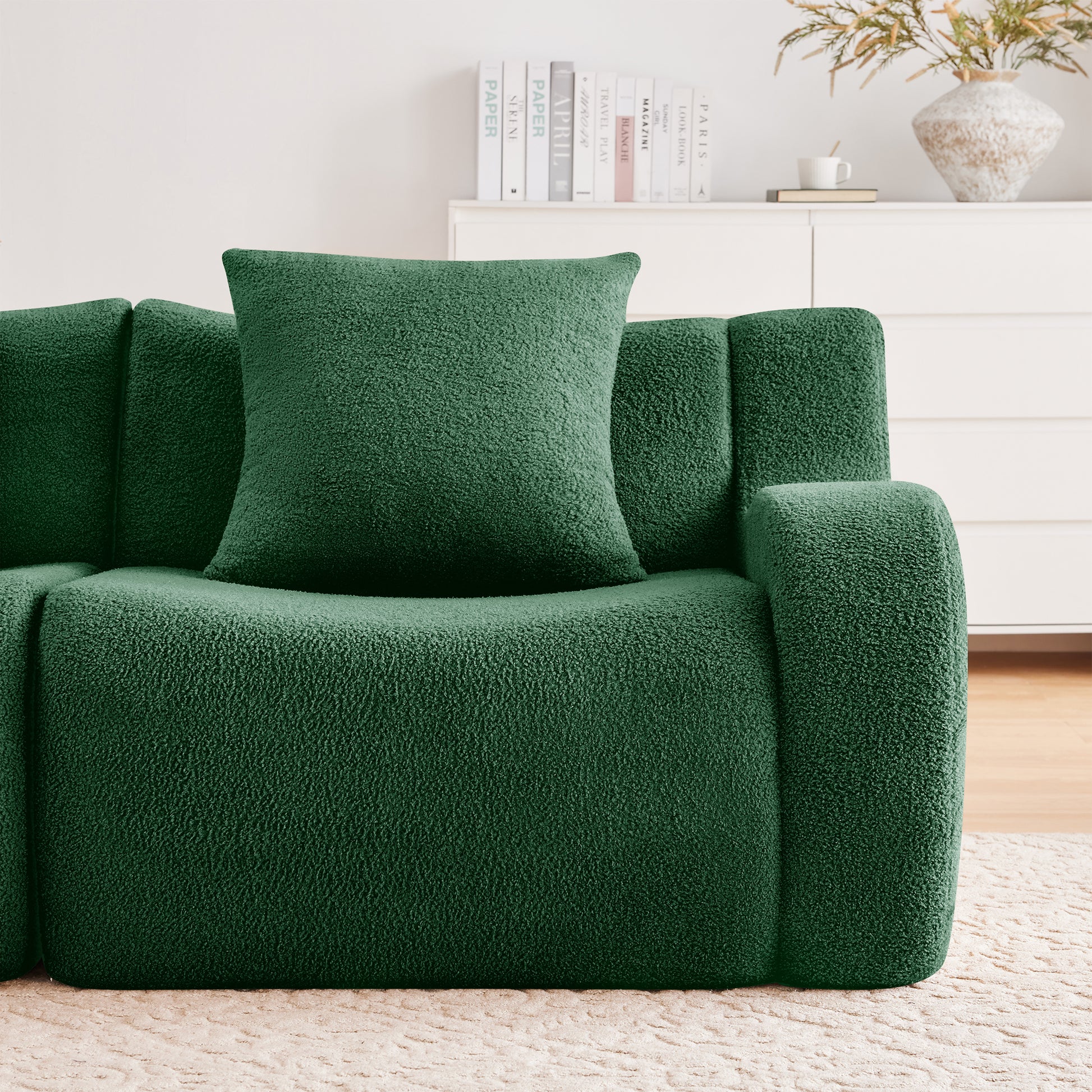 Chico green teddy fabric modular sofa seat and pillow close-up detail