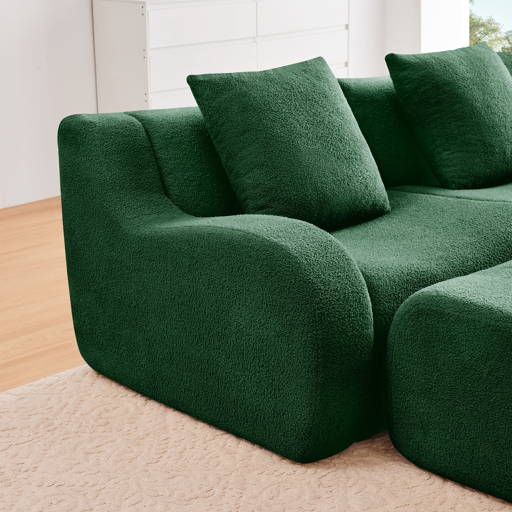 Chico green teddy fabric modular sofa armrest close-up detail