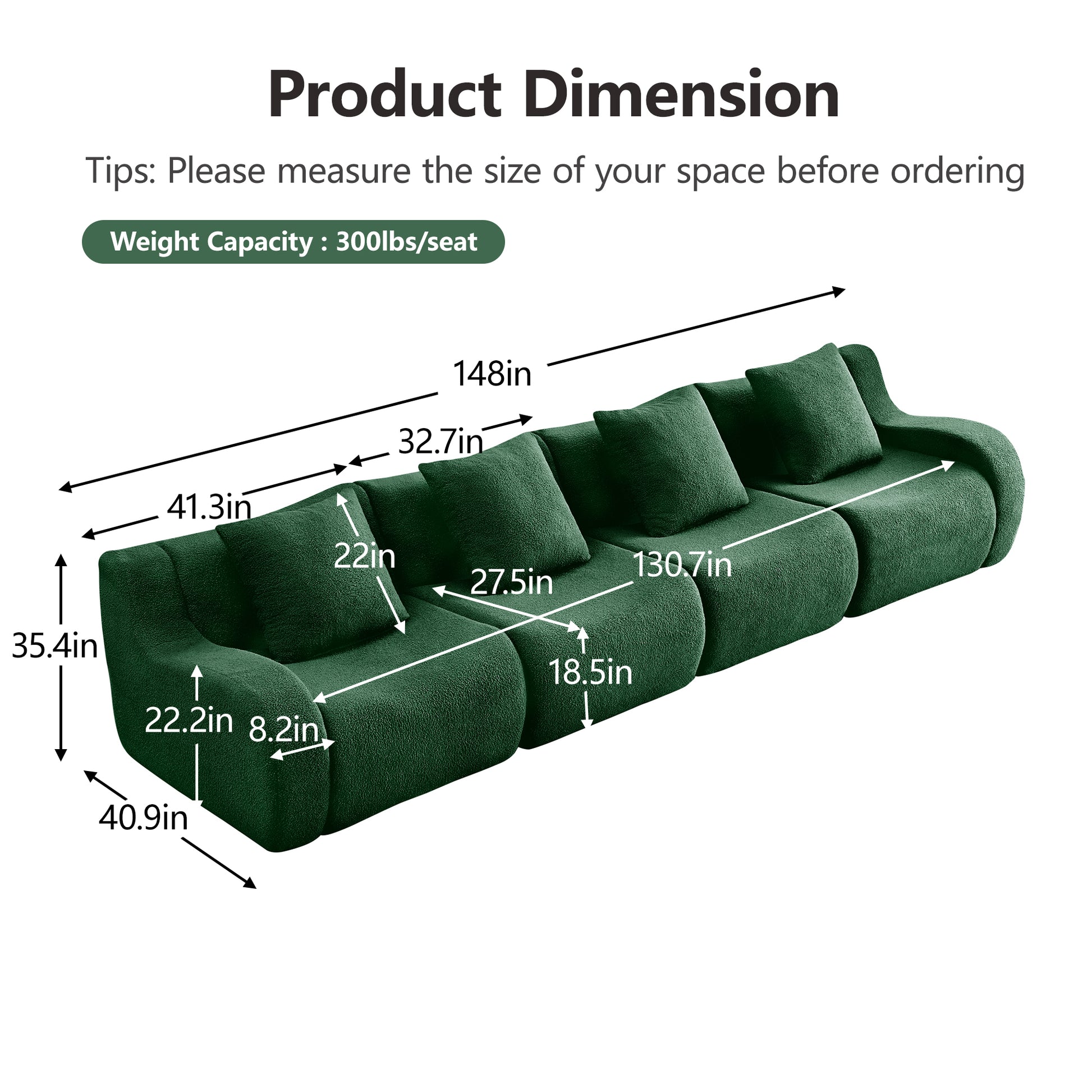 Chico green modular 4-seater sofa dimension guide and measurements