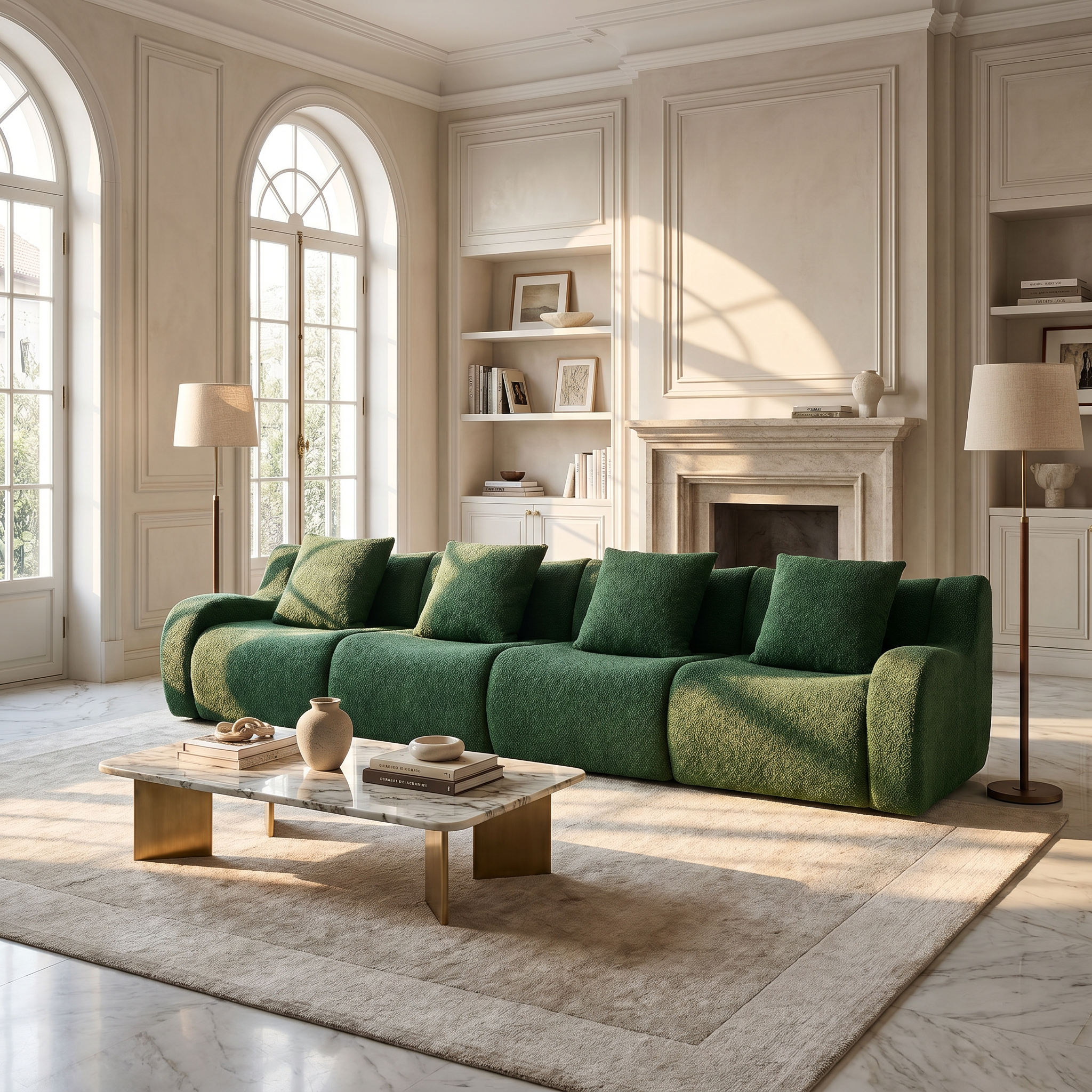 Chico green modular 4-seater sofa in elegant living room with fireplace