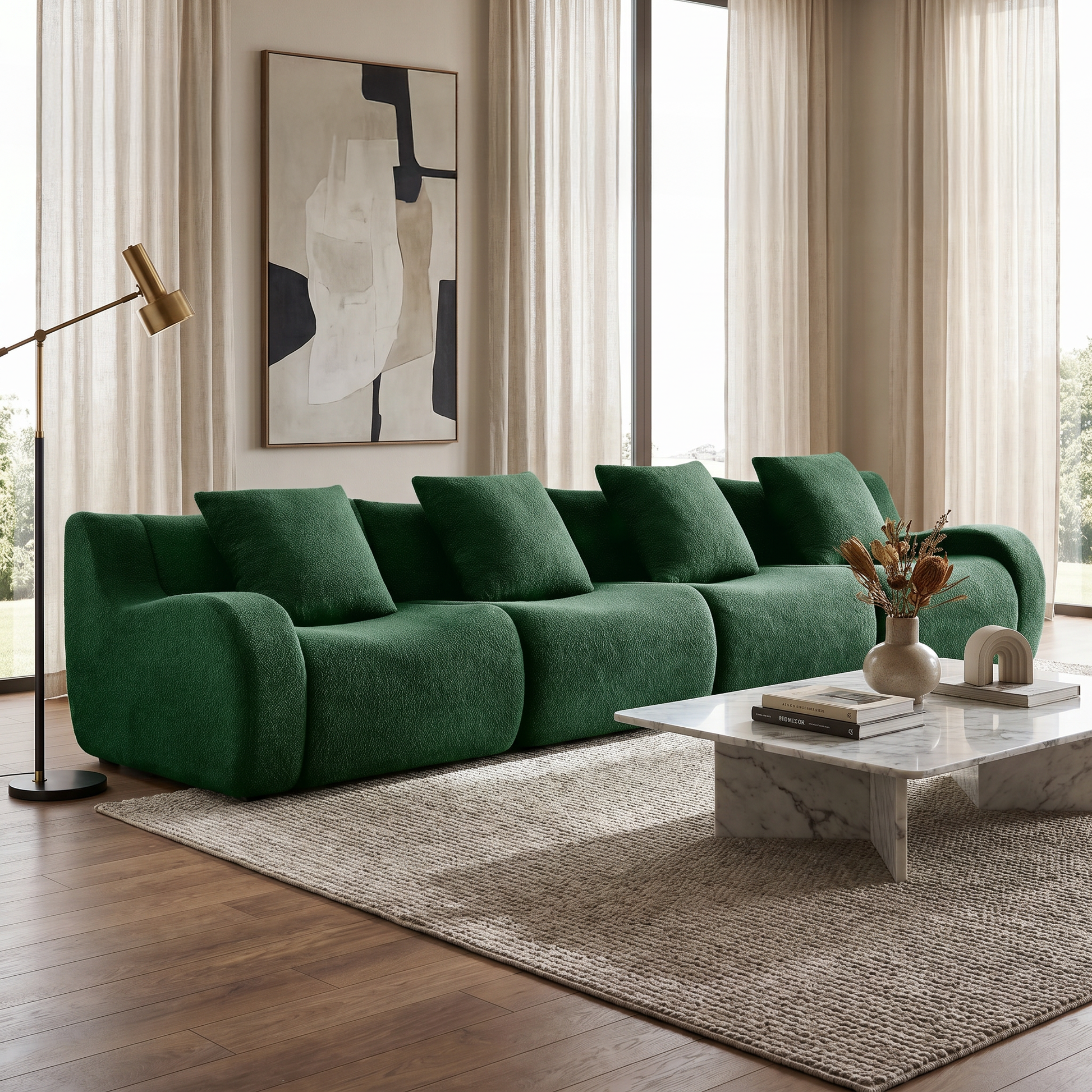 Chico green modular 4-seater sofa in modern living room with marble coffee table