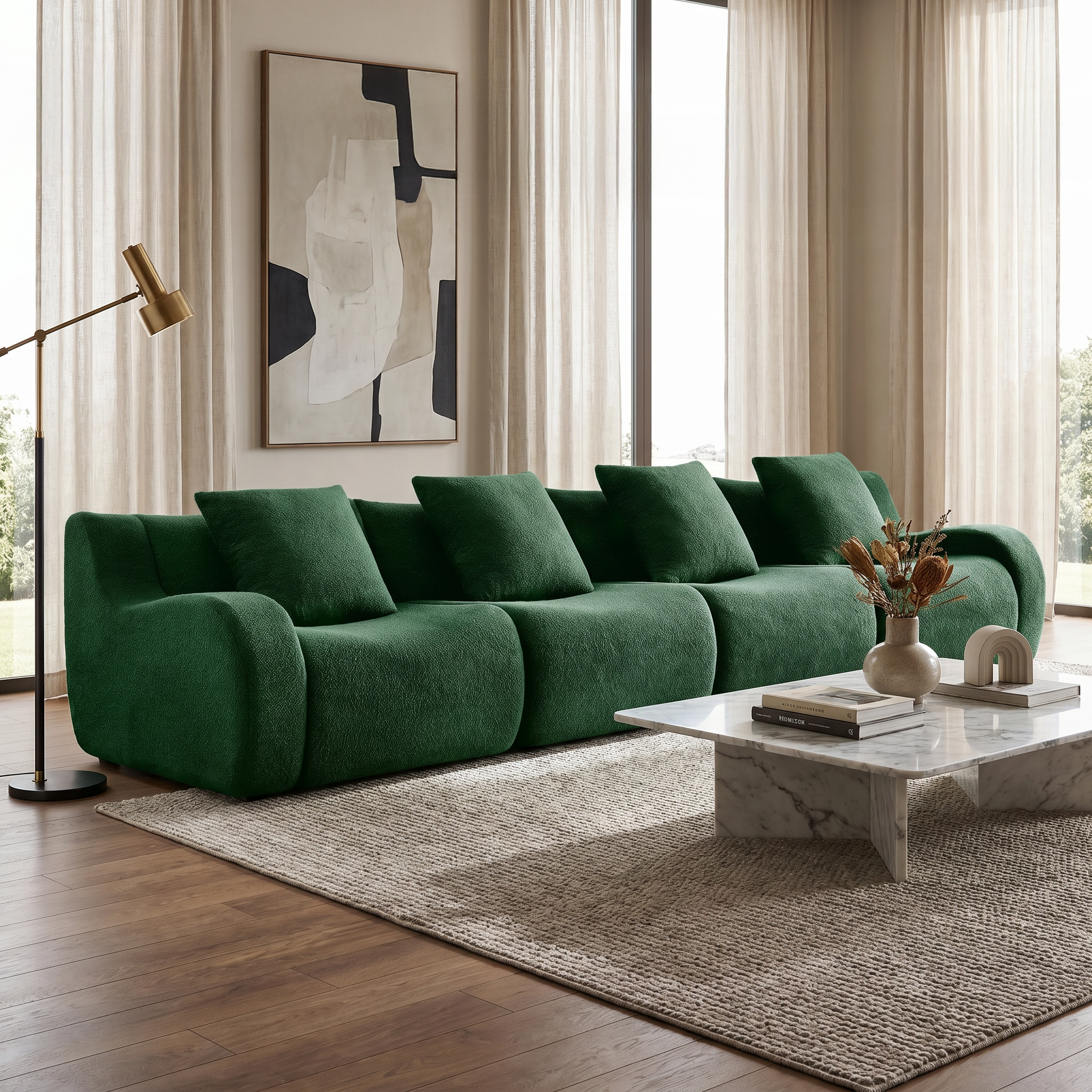 Chico green modular 4-seater sofa in modern living room with marble coffee table