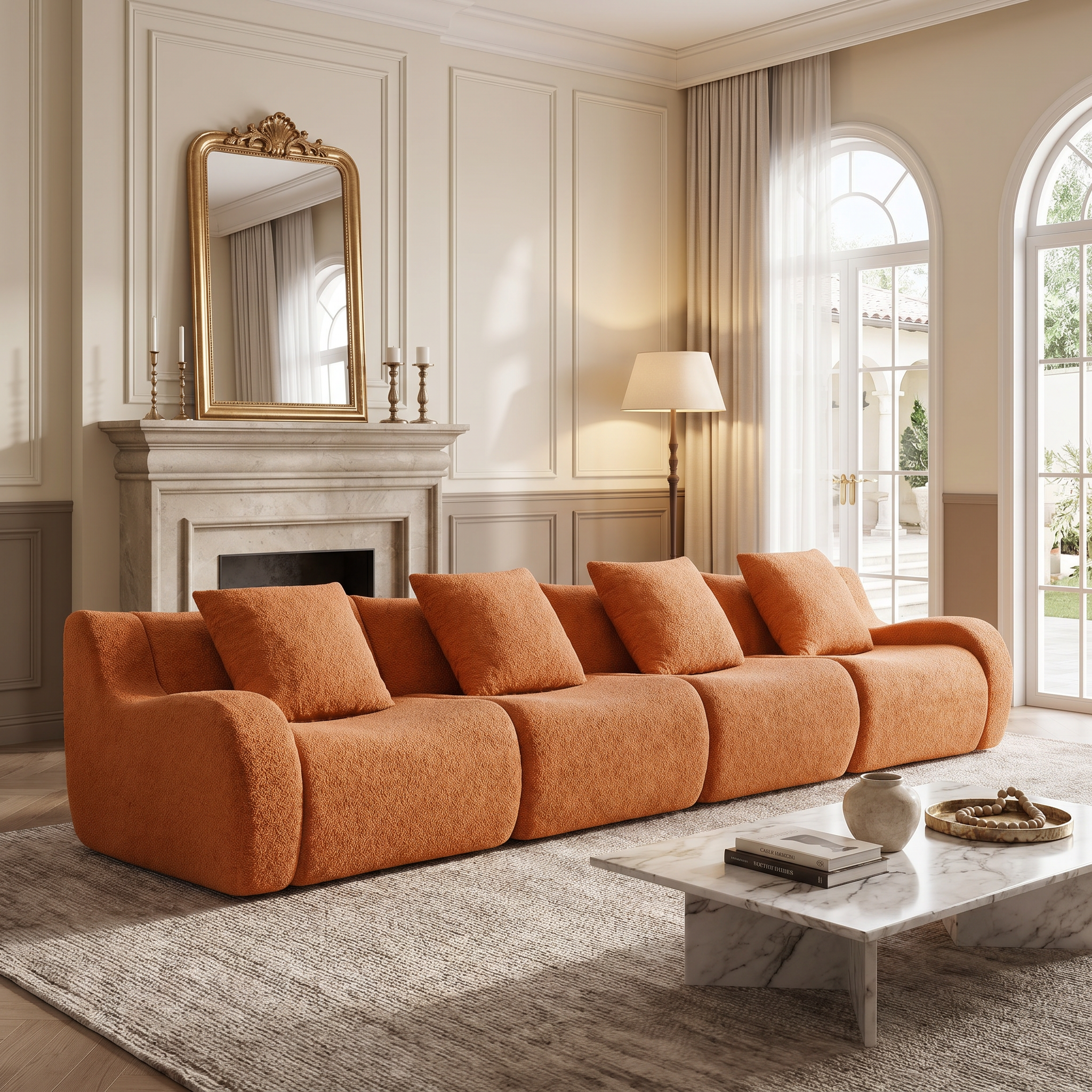 Chico orange modular 4-seater sofa in elegant living room with fireplace