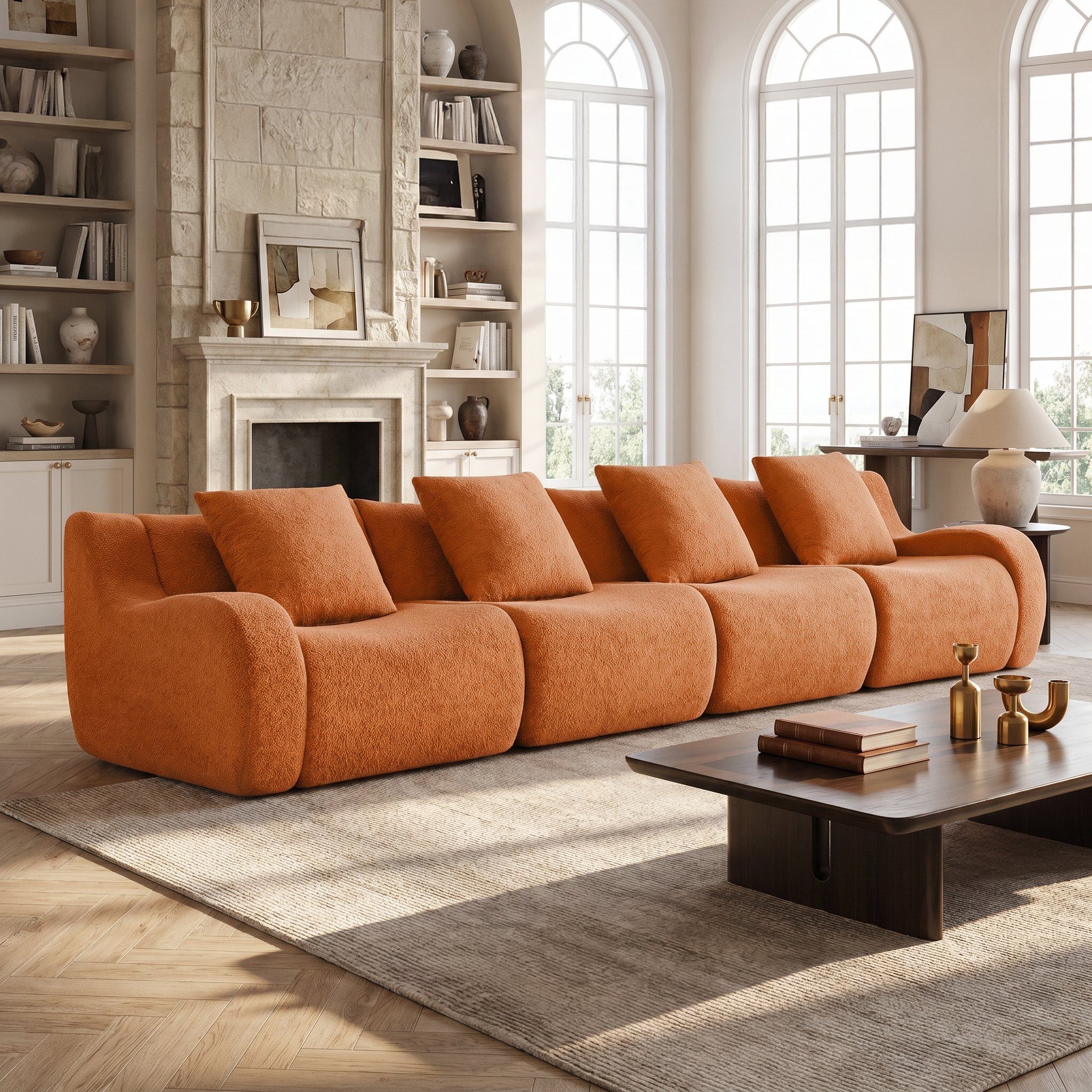 Chico orange modular 4-seater sofa in cozy living room with stone fireplace