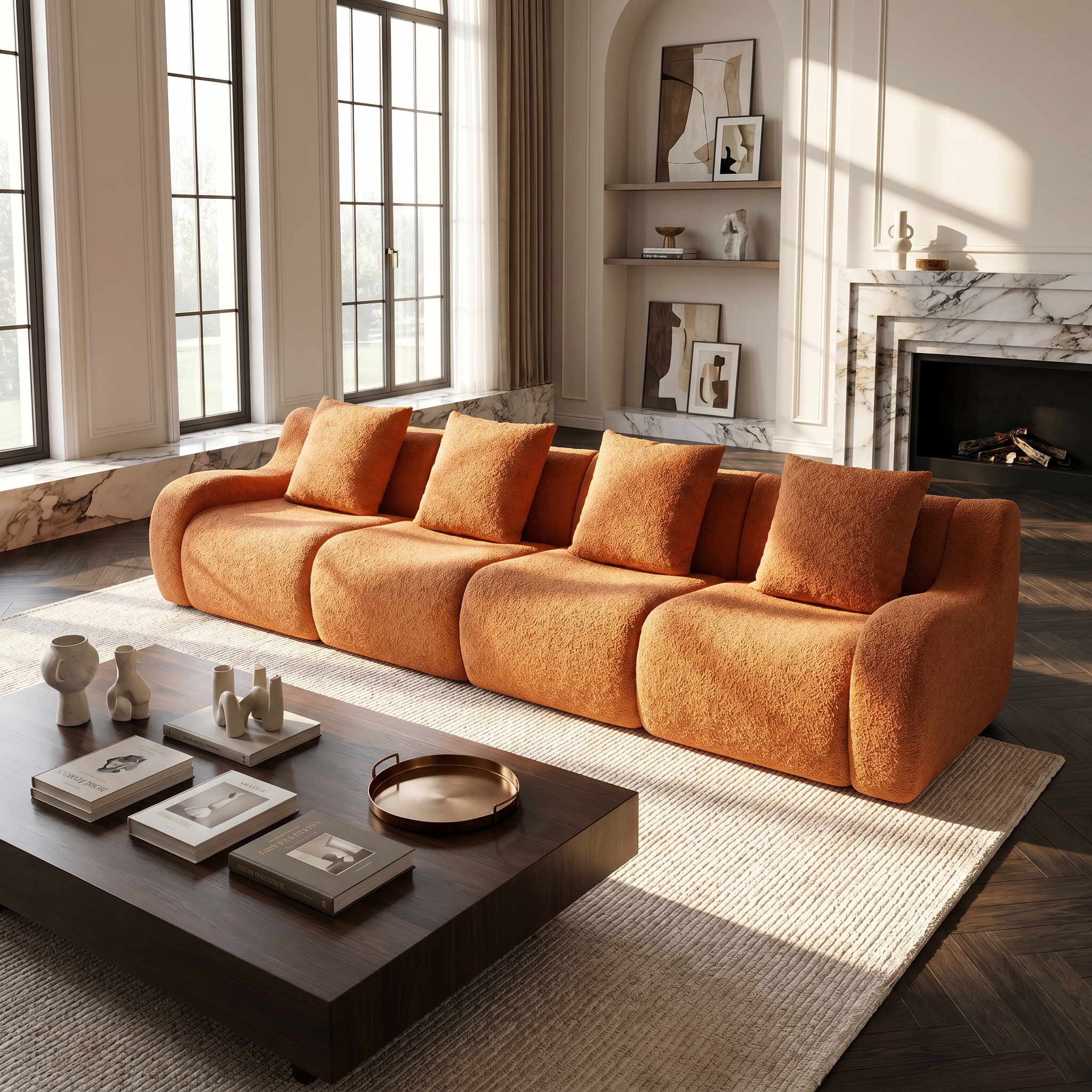 Chico orange modular 4-seater sofa in warm contemporary living room