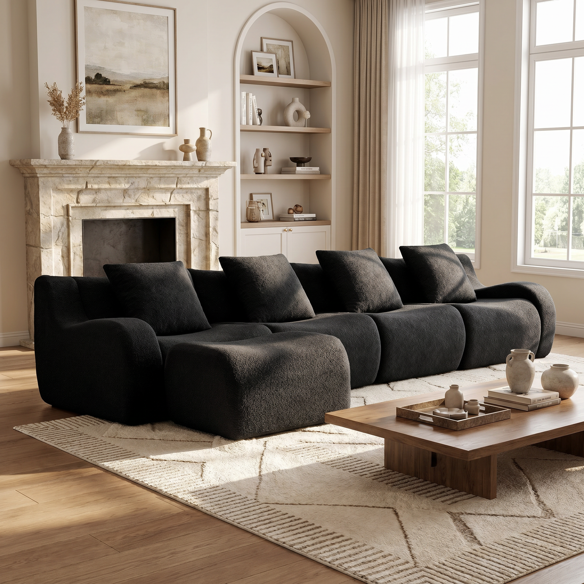Chico black modular L-shaped sectional sofa with ottoman in modern living room with fireplace