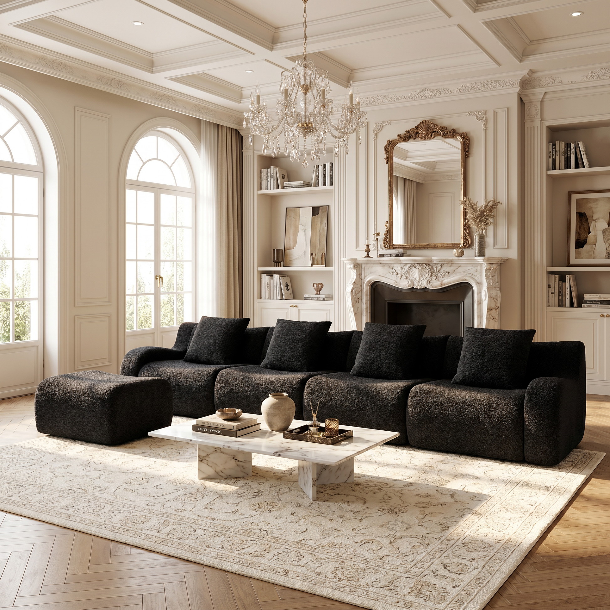 Chico black modular L-shaped sectional sofa with ottoman in luxury living room with chandelier