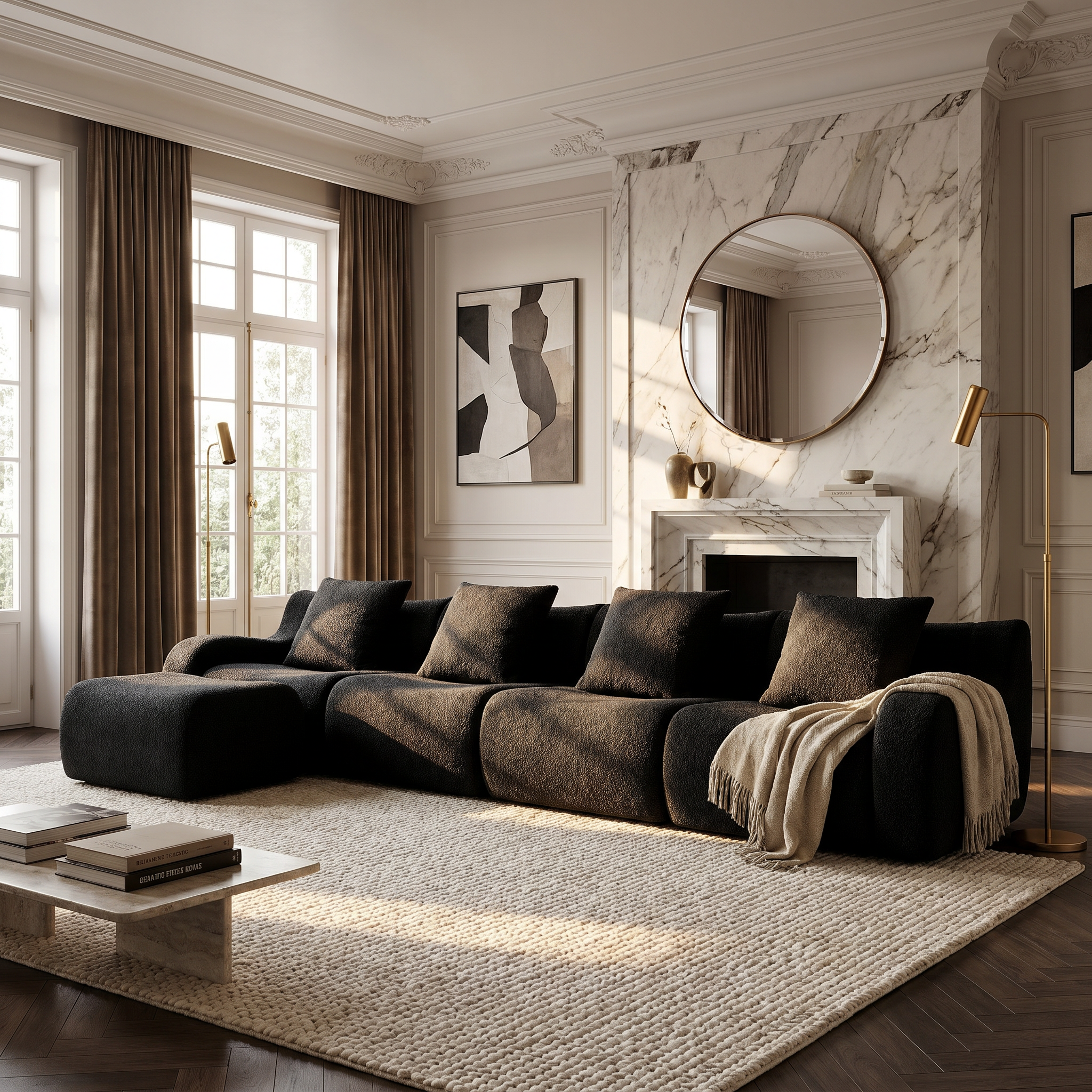 Chico black modular L-shaped sectional sofa with ottoman in elegant living room with marble wall