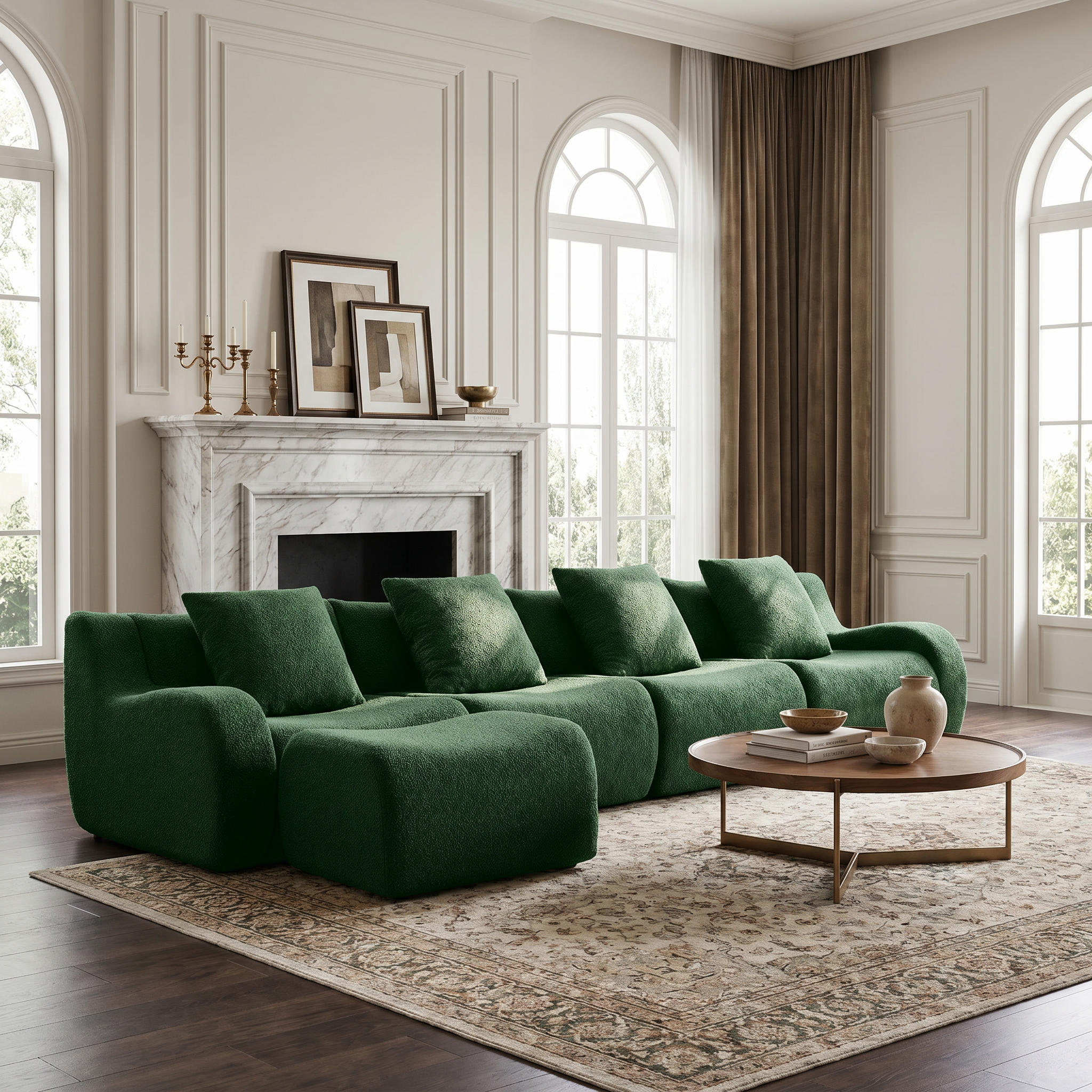 Chico green modular L-shaped sectional sofa with ottoman in elegant living room with fireplace