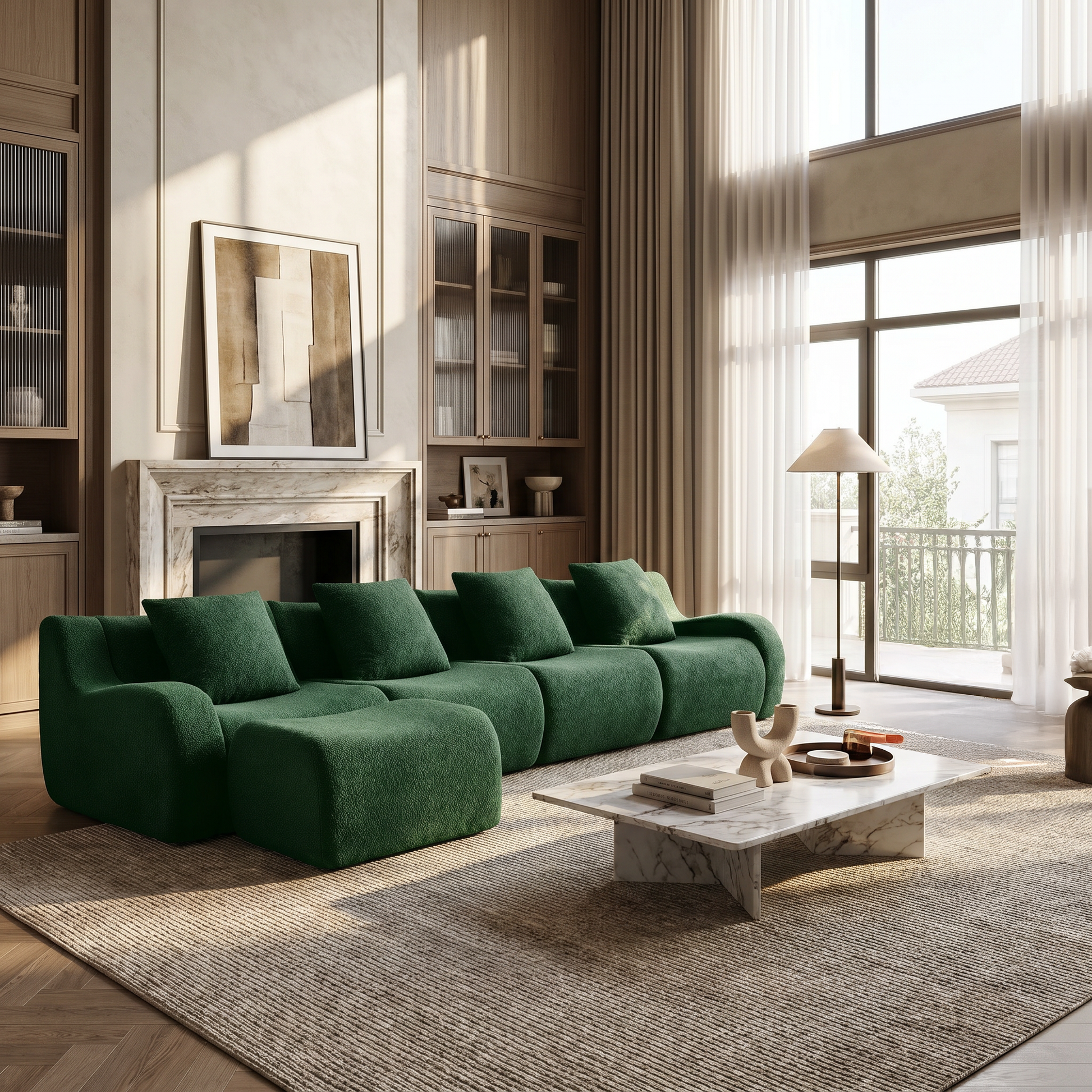 Chico green modular L-shaped sectional sofa with ottoman in contemporary living room with marble coffee table