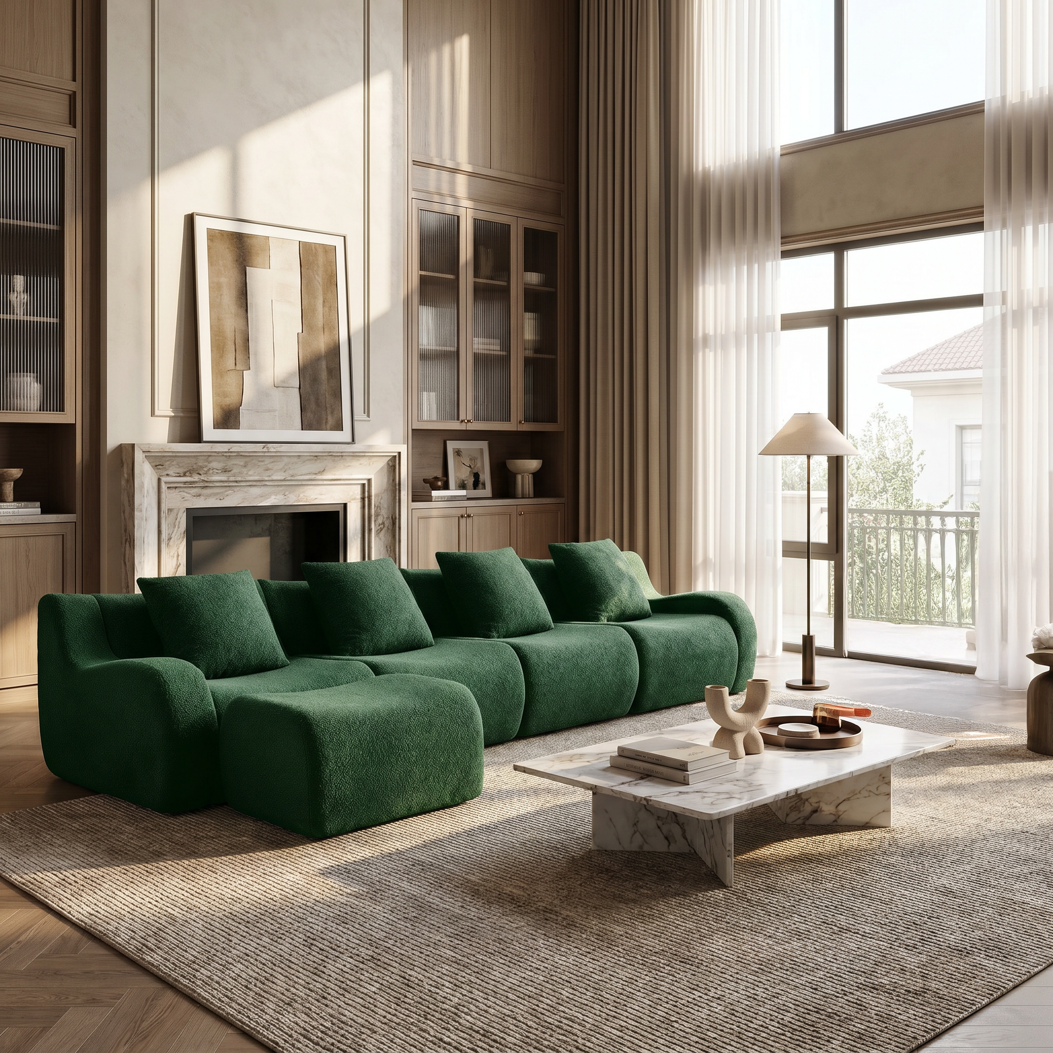 Chico green modular L-shaped sectional sofa with ottoman in contemporary living room with marble coffee table