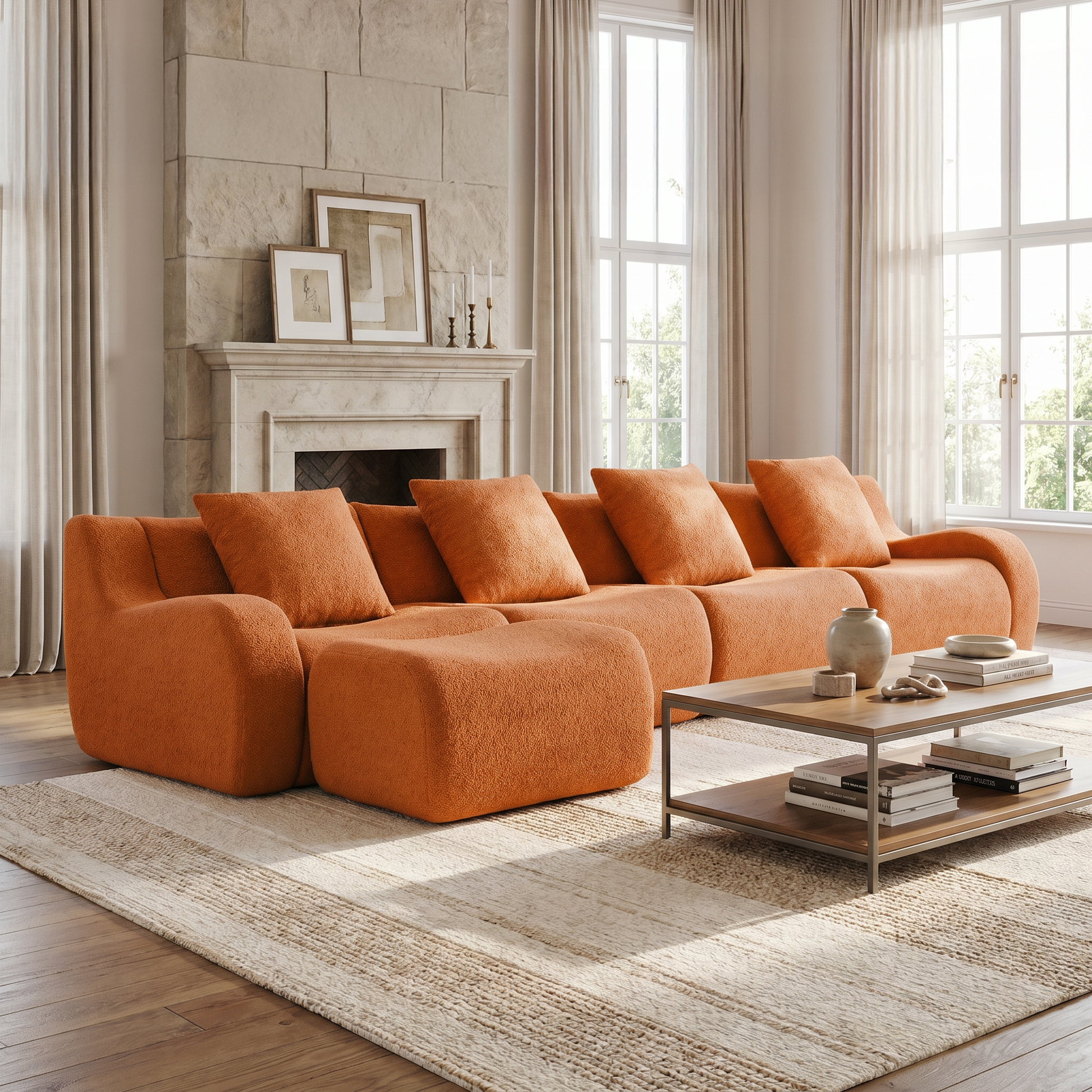 Chico orange modular L-shaped sectional sofa with ottoman in elegant living room with fireplace