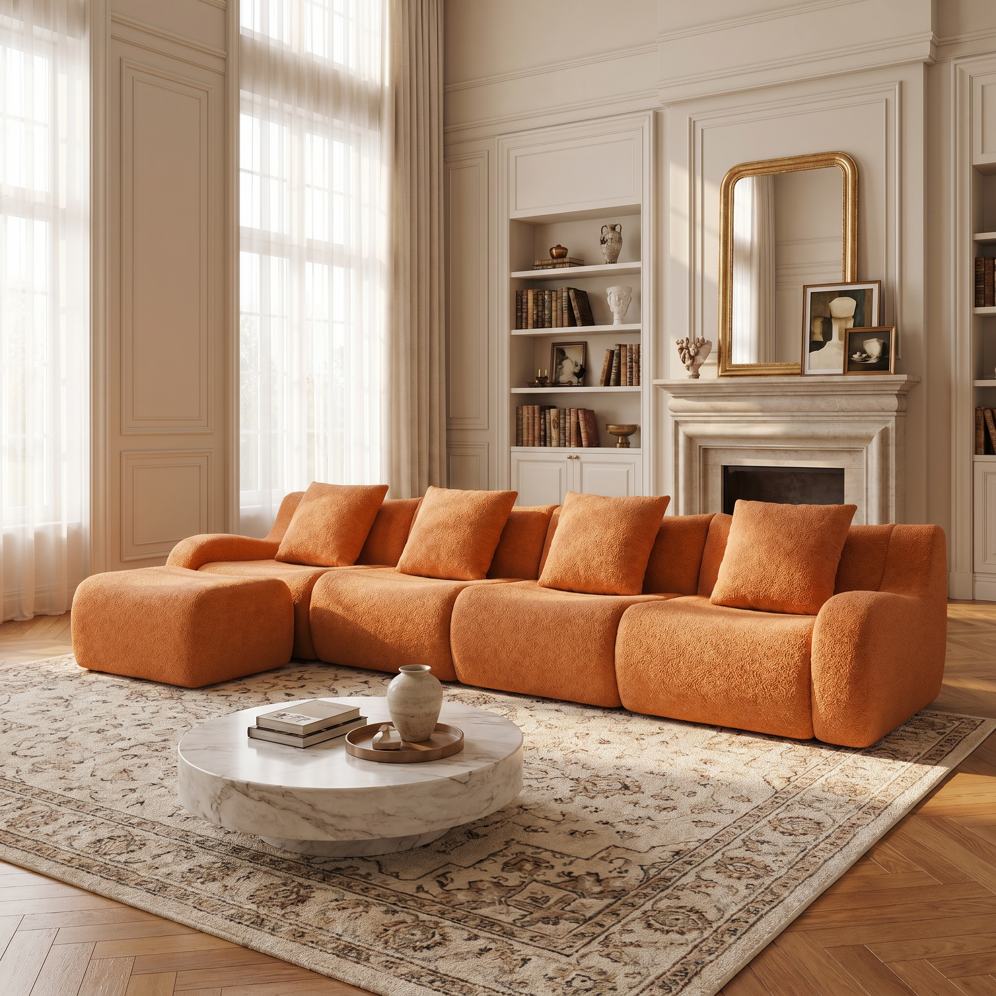Chico orange modular L-shaped sectional sofa with ottoman in luxury living room with round coffee table