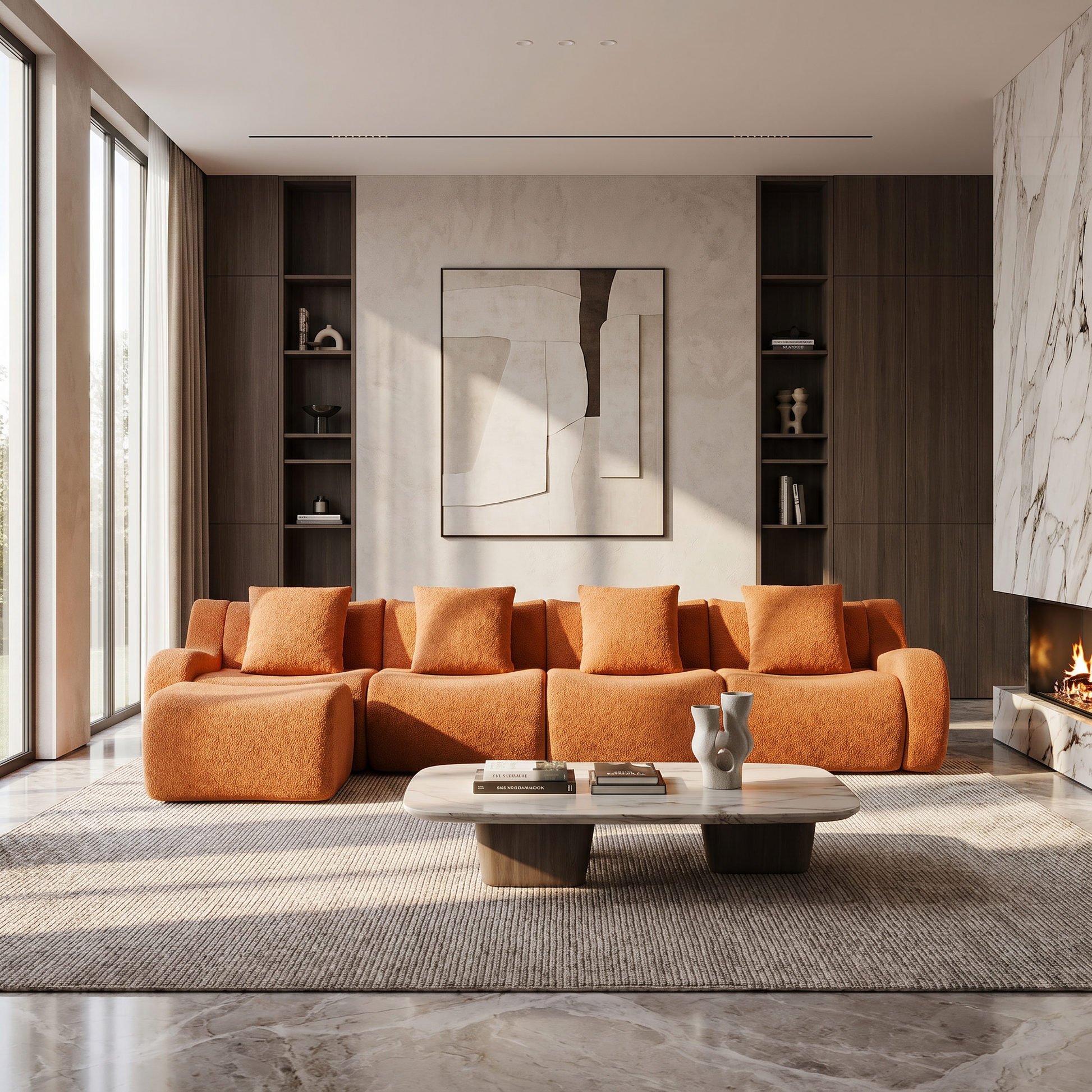 Chico orange modular L-shaped sectional sofa with ottoman in modern open-concept living room