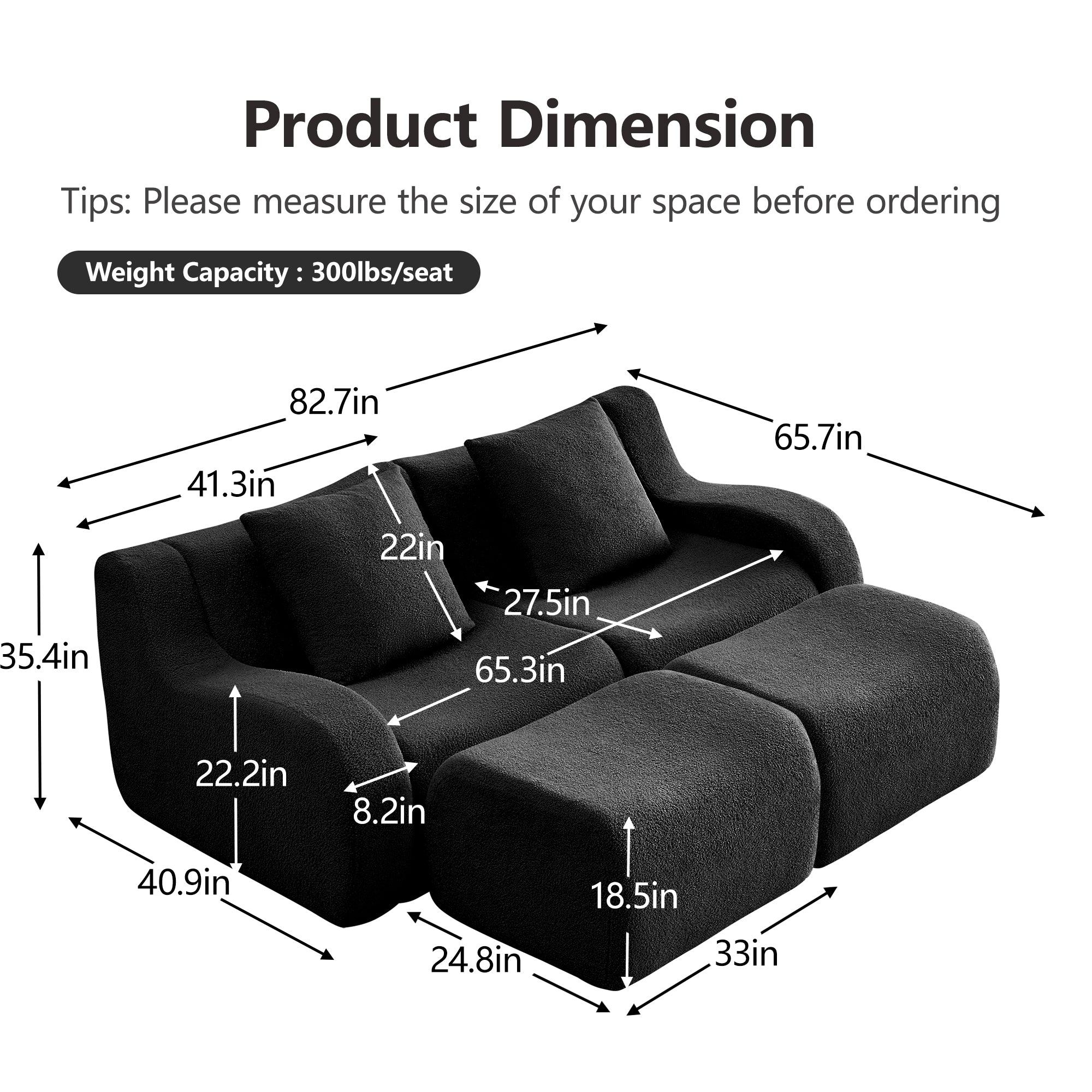 Chico black loveseat sofa product dimensions and measurements diagram