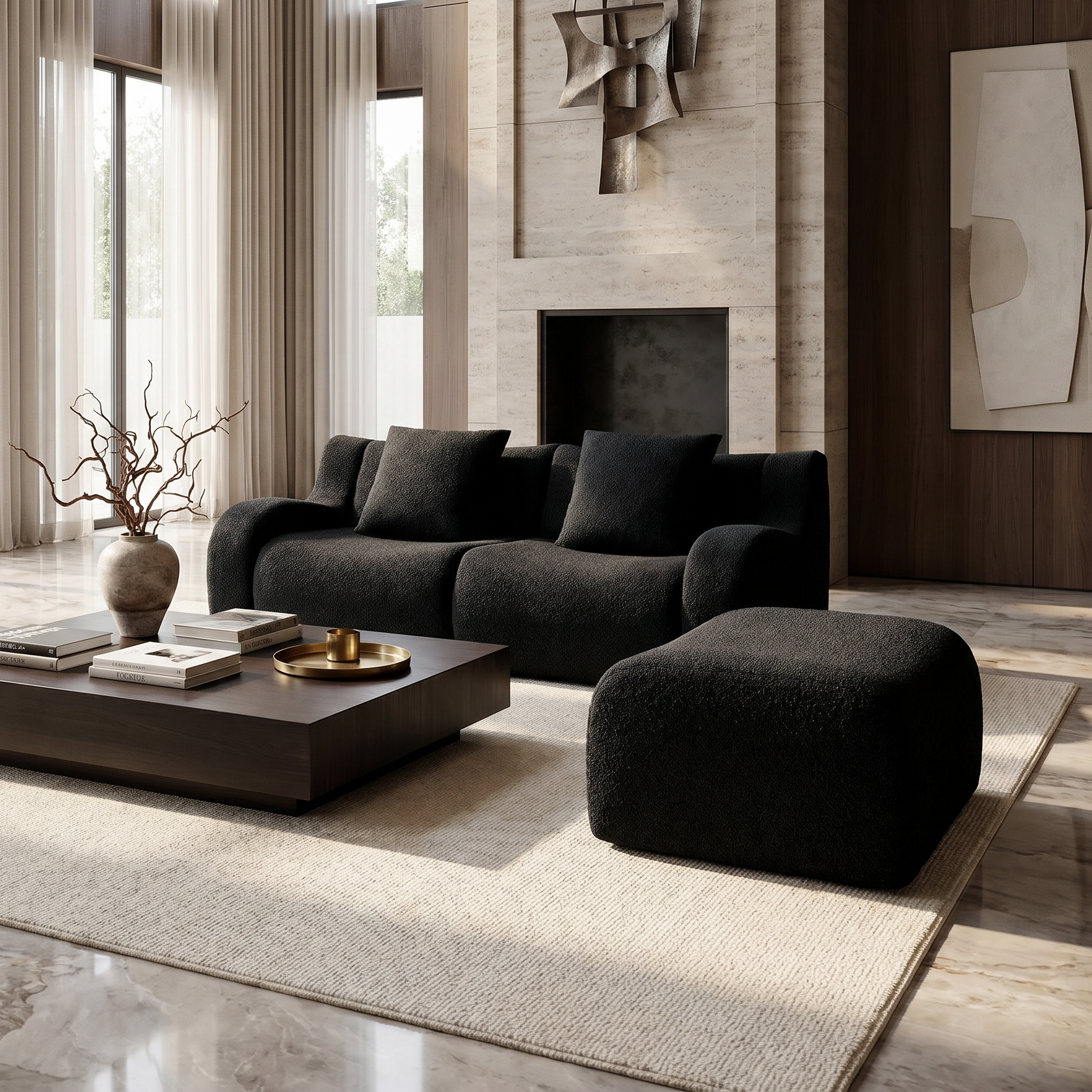 Chico black loveseat sofa with ottoman in modern living room with fireplace and marble coffee table